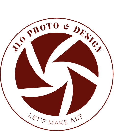 A circular burgundy logo for JLO Photo & Design featuring a camera aperture design and the tagline 'Let's Make Art'.