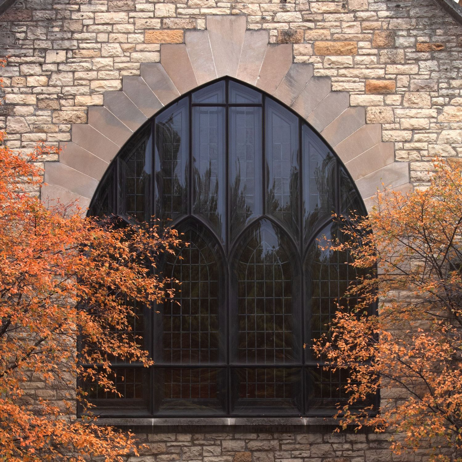 Gothic arched windows set in stone wall with autumn foliage framing the architectural details.
