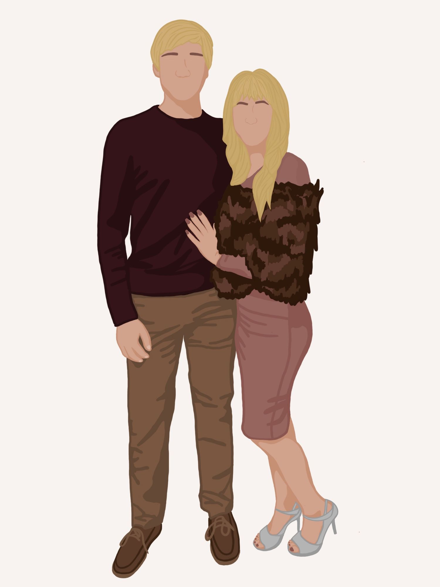 Minimalist illustration of a couple with a brown dog, wearing burgundy and beige clothing.