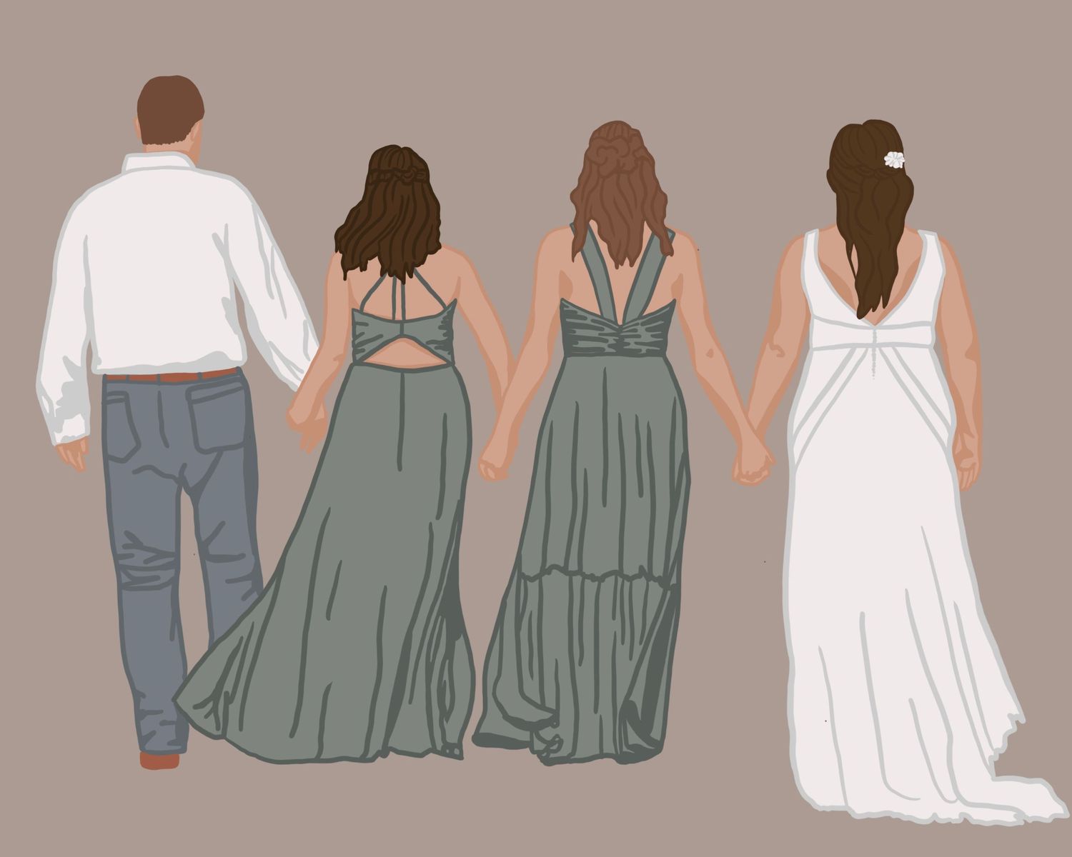 Minimalist illustration showing four figures holding hands while wearing formal wedding party attire.