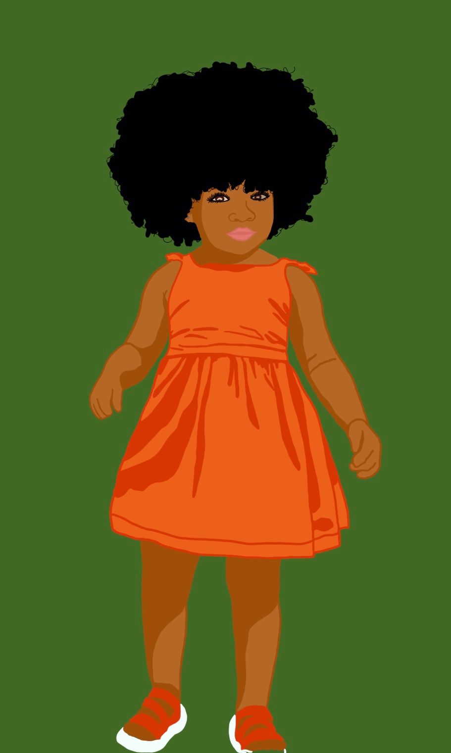 A digital illustration of a baby doll wearing a bright orange dress with white shoes against a green background.