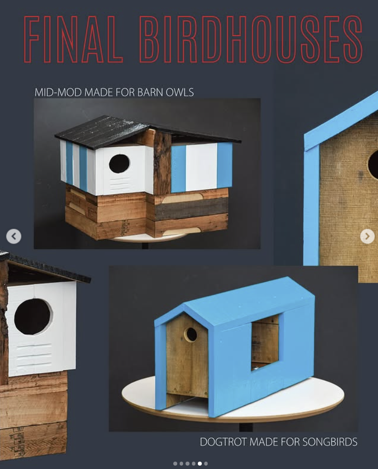 Modern birdhouse designs with clean geometric shapes in natural wood and blue accents displayed against dark background.