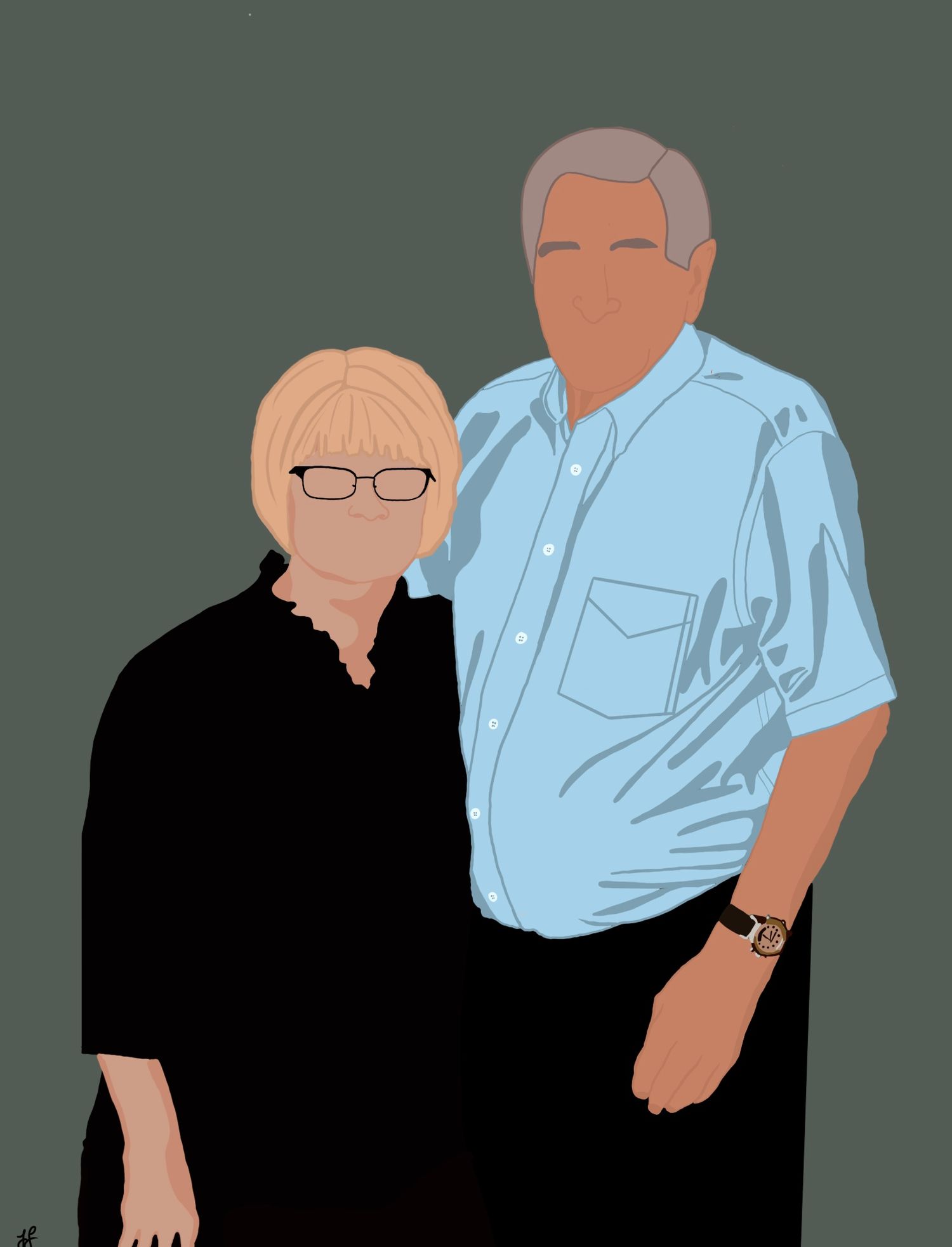 Digital portrait of a mature couple in casual attire against a dark green background.
