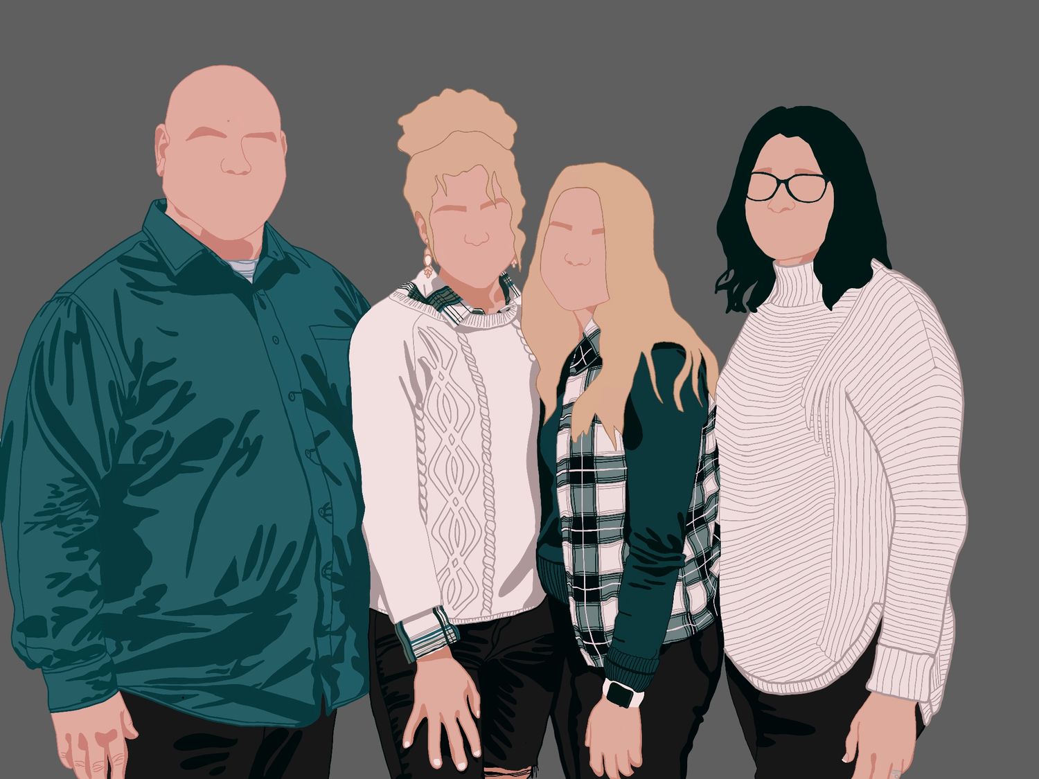 A digital illustration in muted colors depicts four people standing together wearing casual winter clothing.