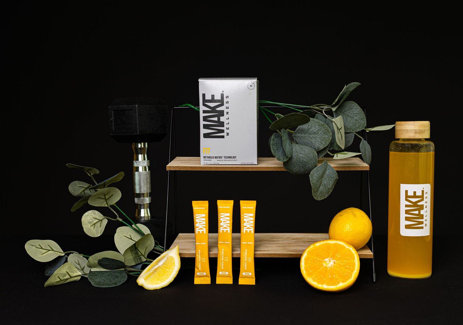 Minimalist product photography sequence showing orange skincare products with eucalyptus leaves against dark background.