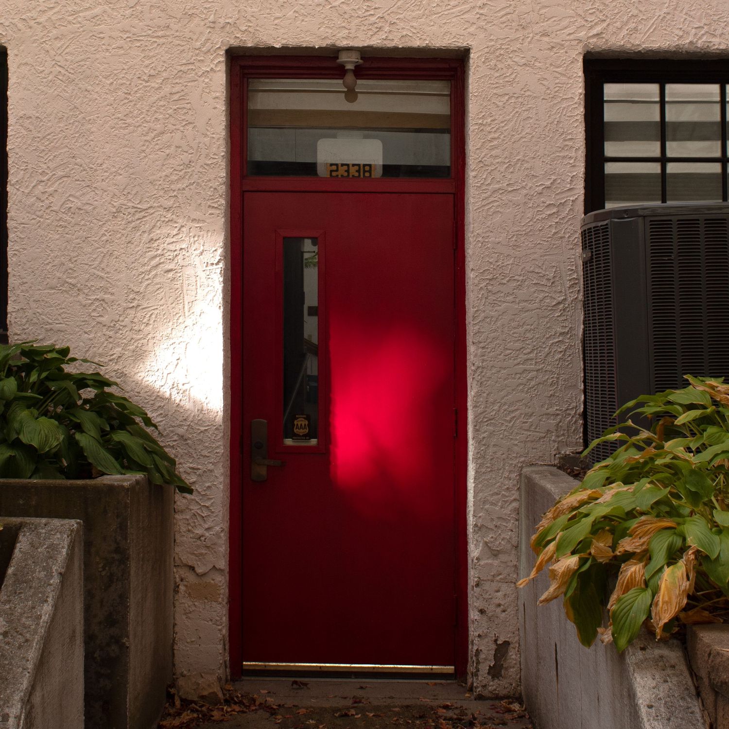 A dramatic bright red door with white colonial trim stands out against textured beige stucco walls and lush foliage.