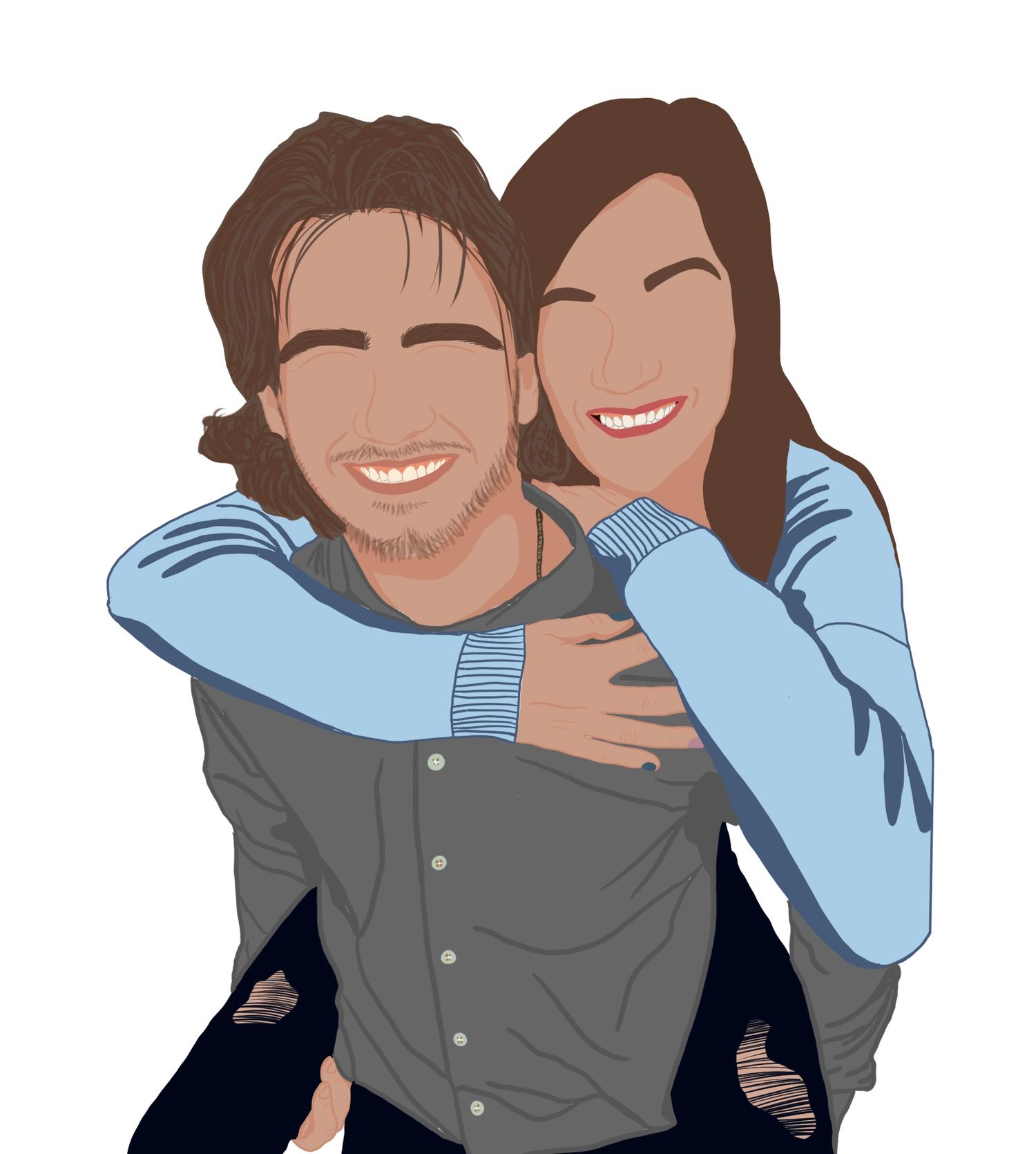 Artistic illustration of a couple embracing in casual clothing with light blue and gray tones.