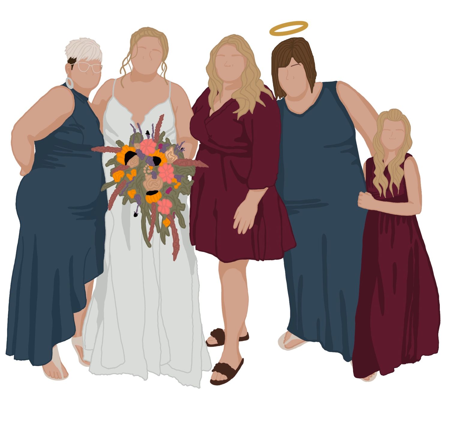 Digital portrait of a wedding party in navy and burgundy dresses with the bride wearing white.