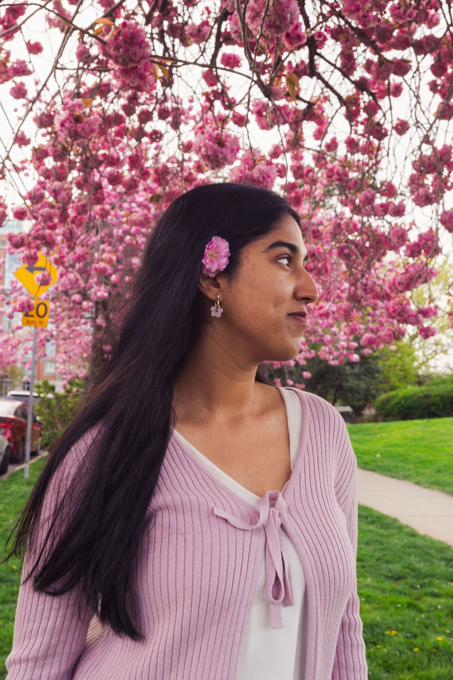 Candid portrait of woman laughing under blooming cherry blossom trees in Victoria, Canada