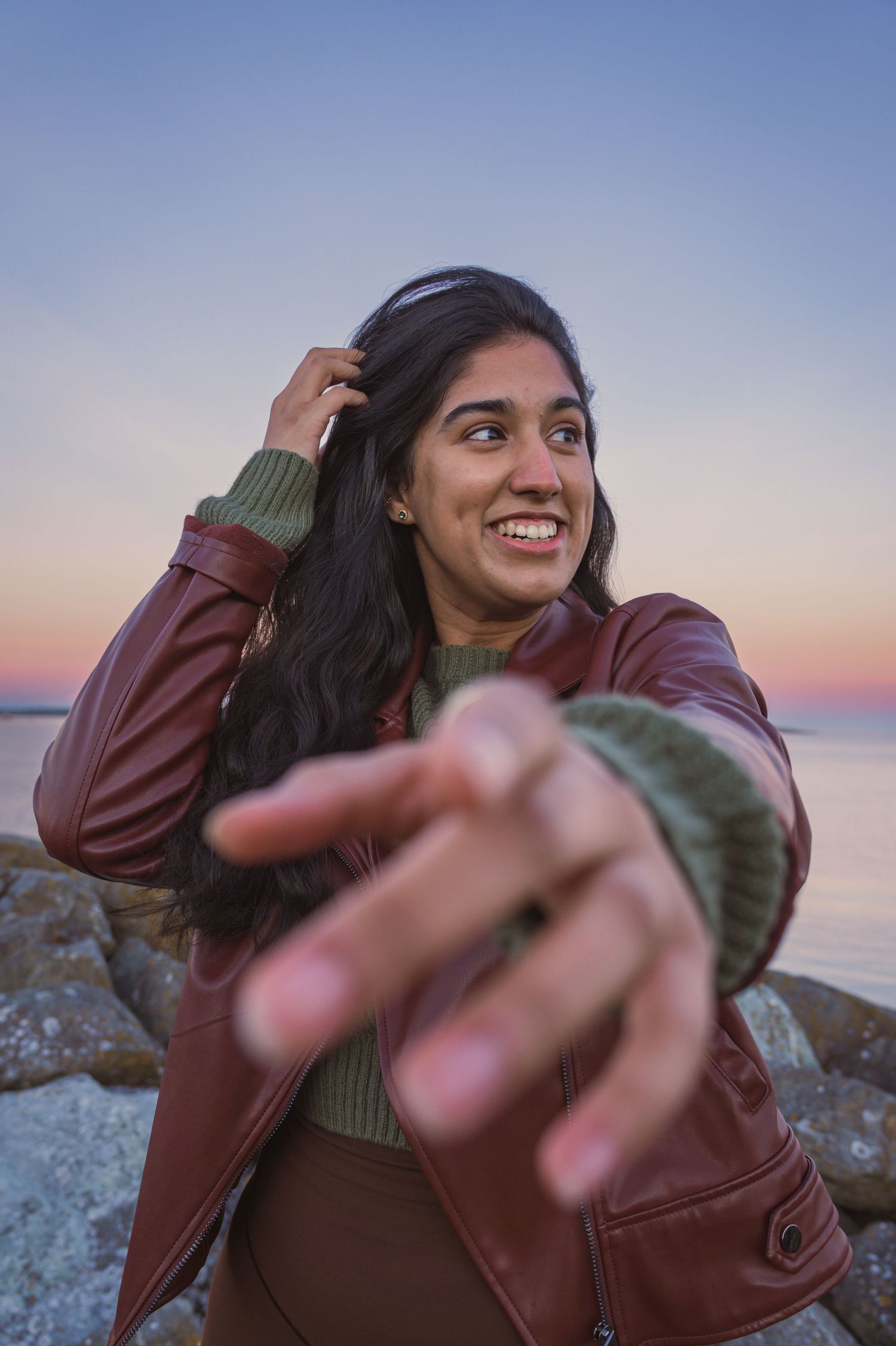 Candid shot of happy women's sunset shoot in Oak Bay Marina in Victoria
