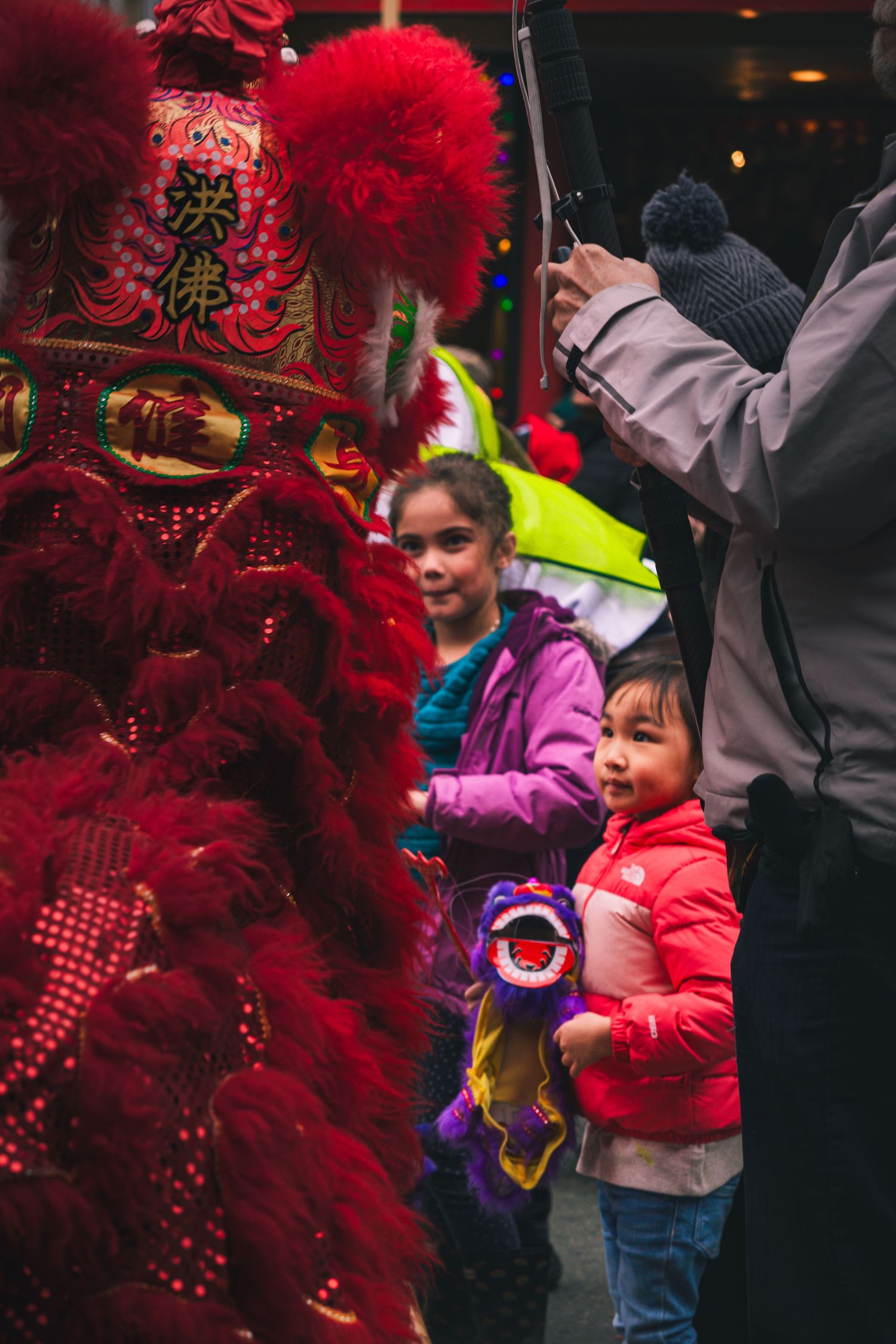 Child reaching out to touch lion dance costume mid-performance