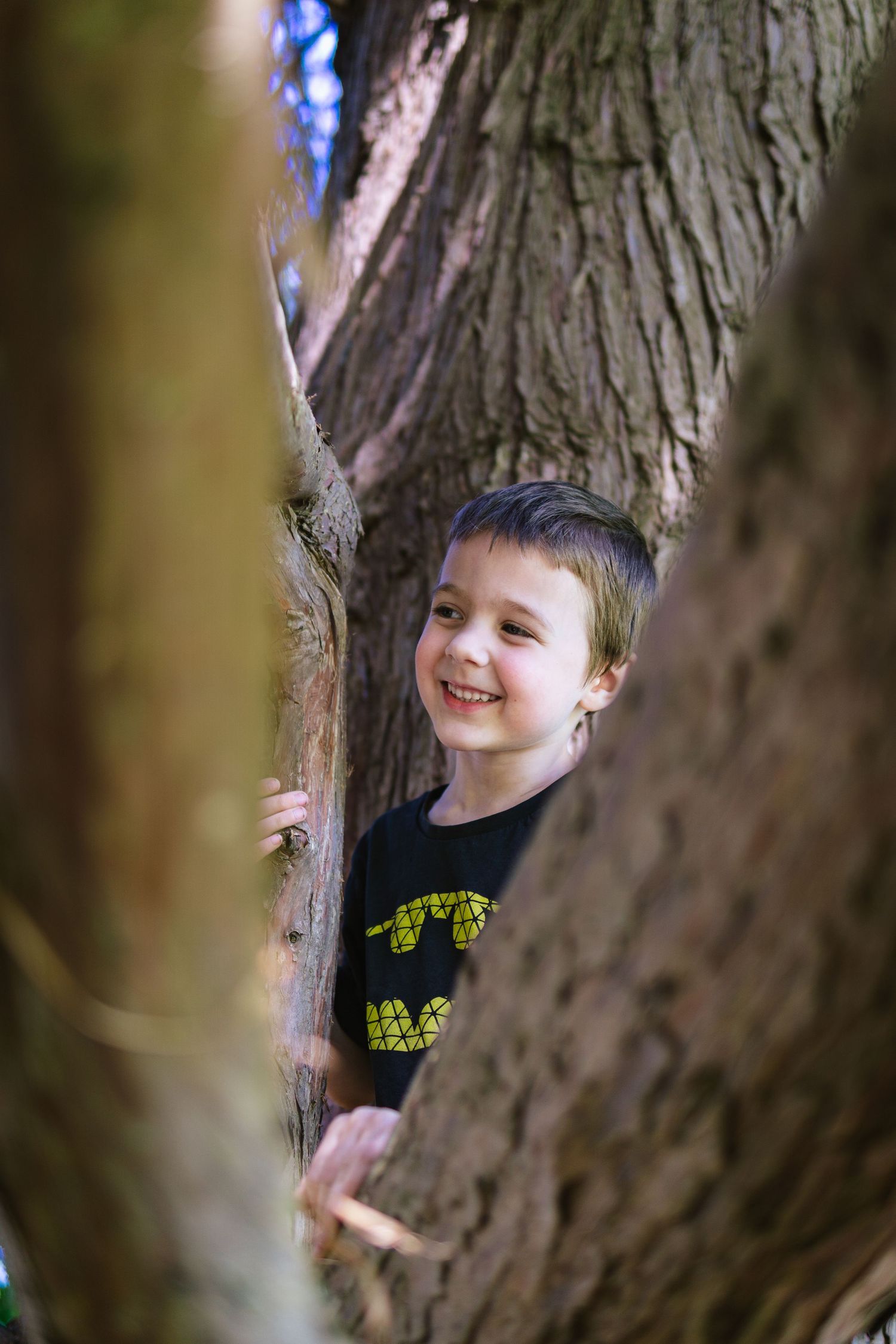 Children posing and laughing on a large tree trunk outdoors