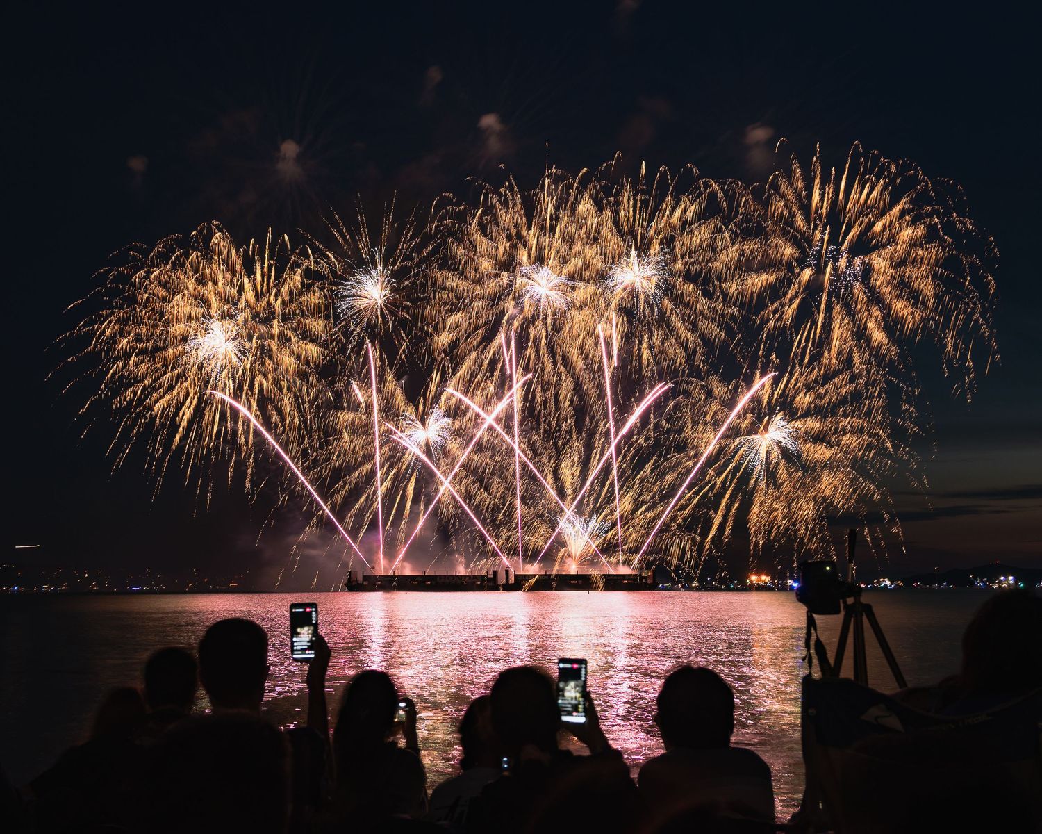 Spectacular firework show above city skyline at Honda Celebration of Light