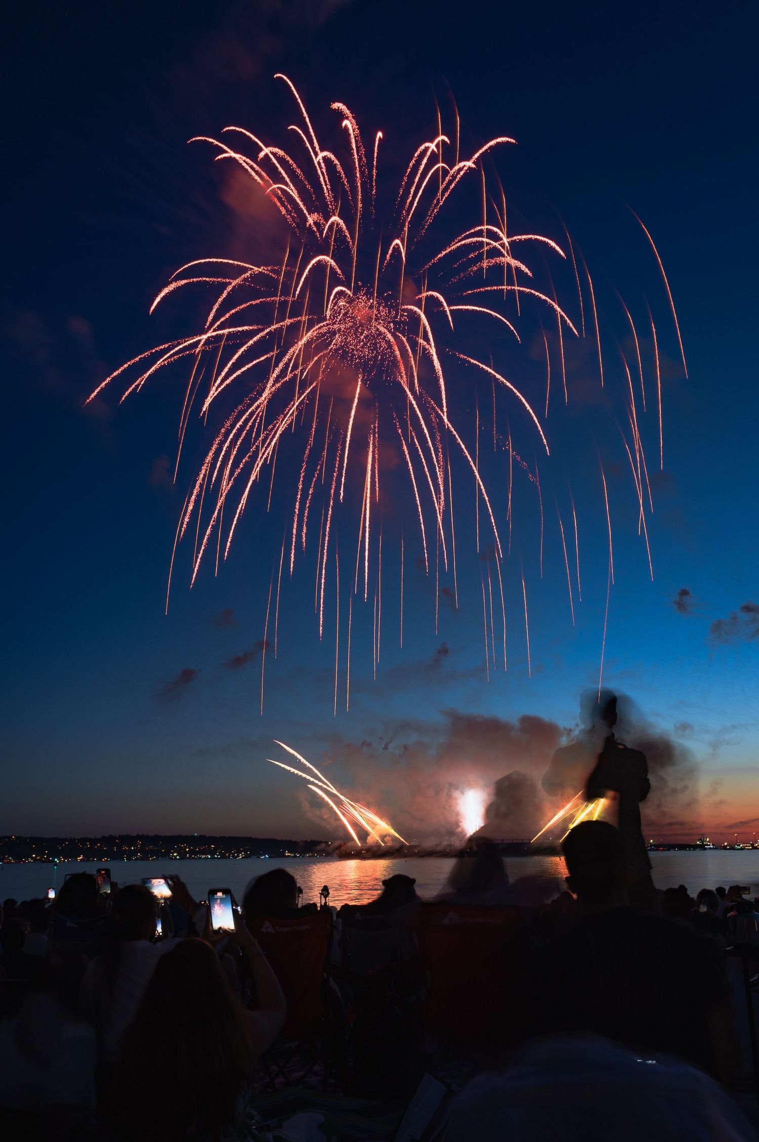 Fireworks creating flower-like patterns in the Vancouver night sky