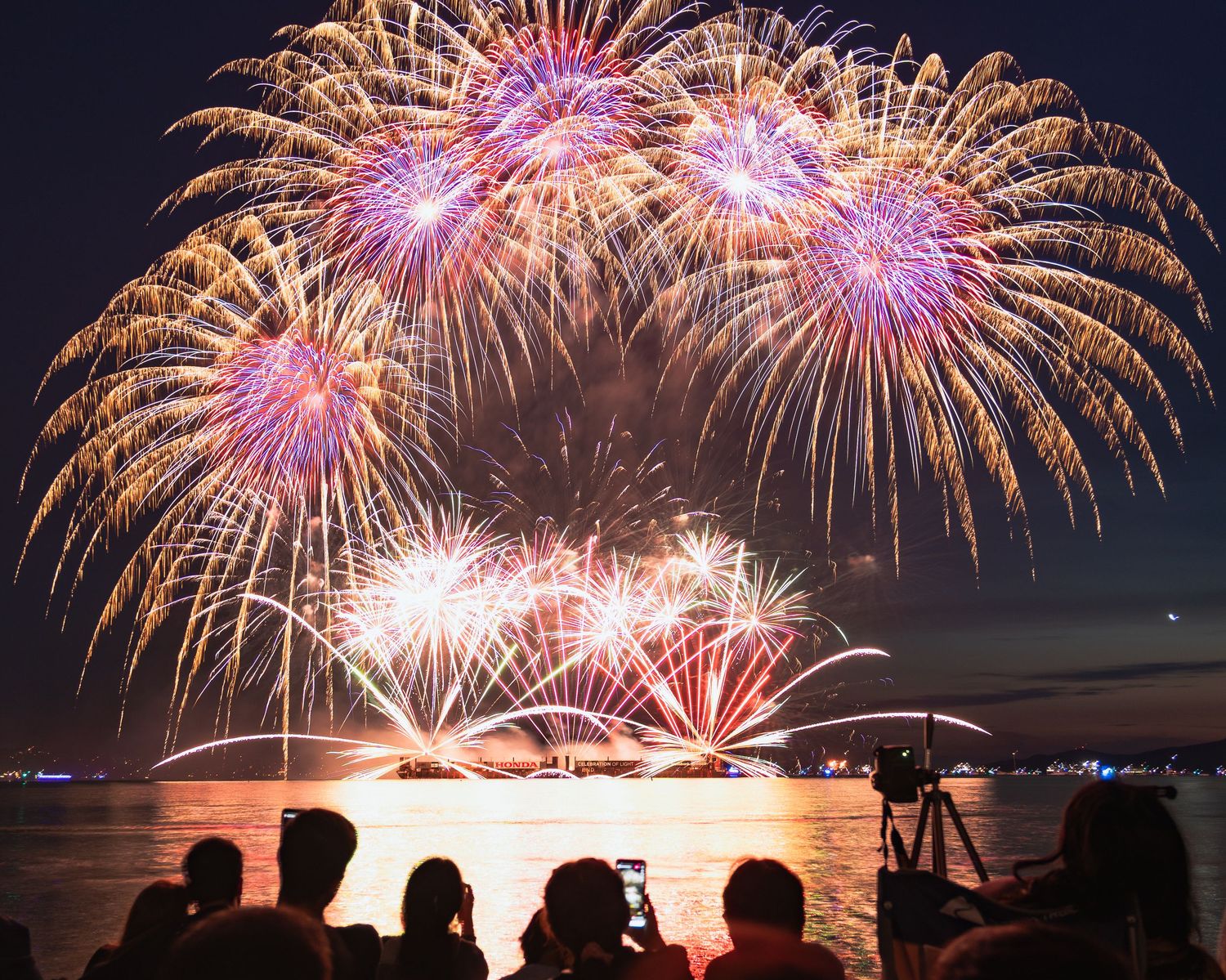 Colorful firework explosion lighting up the Vancouver night sky at English Bay