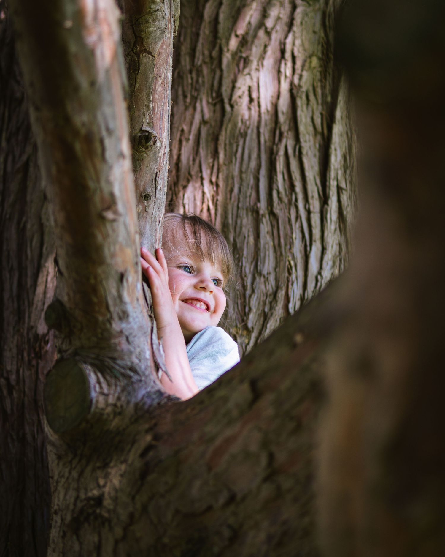 Candid shot of kid making memories on a tree trunk in nature