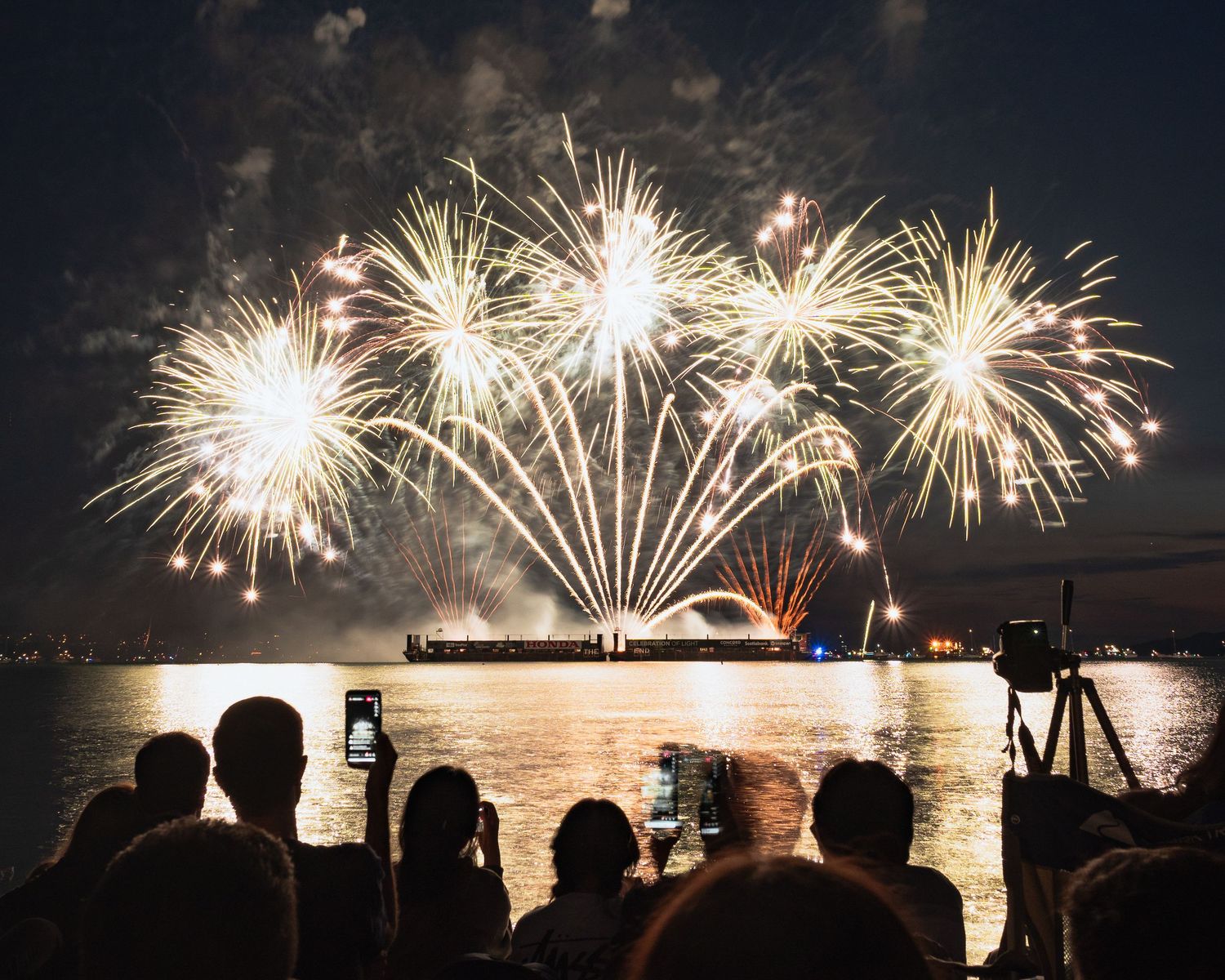 Golden firework bloom over the ocean at Vancouver’s summer celebration