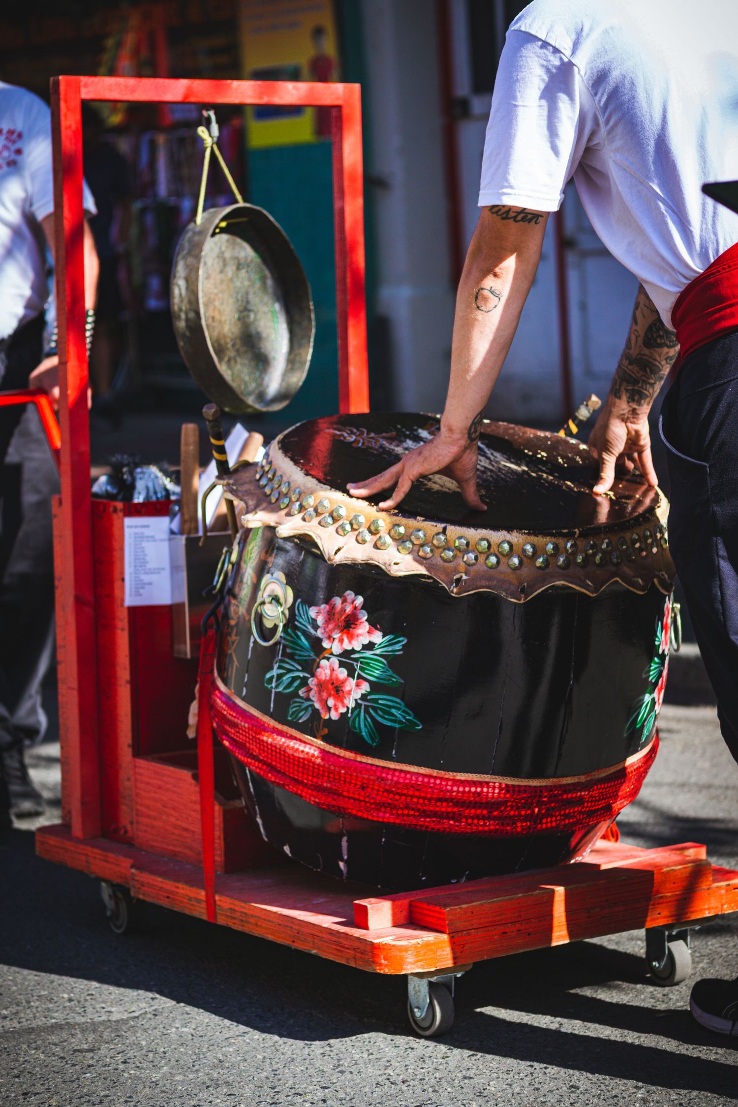 Close up shot in sunlight of the drum during lion dance ceremony