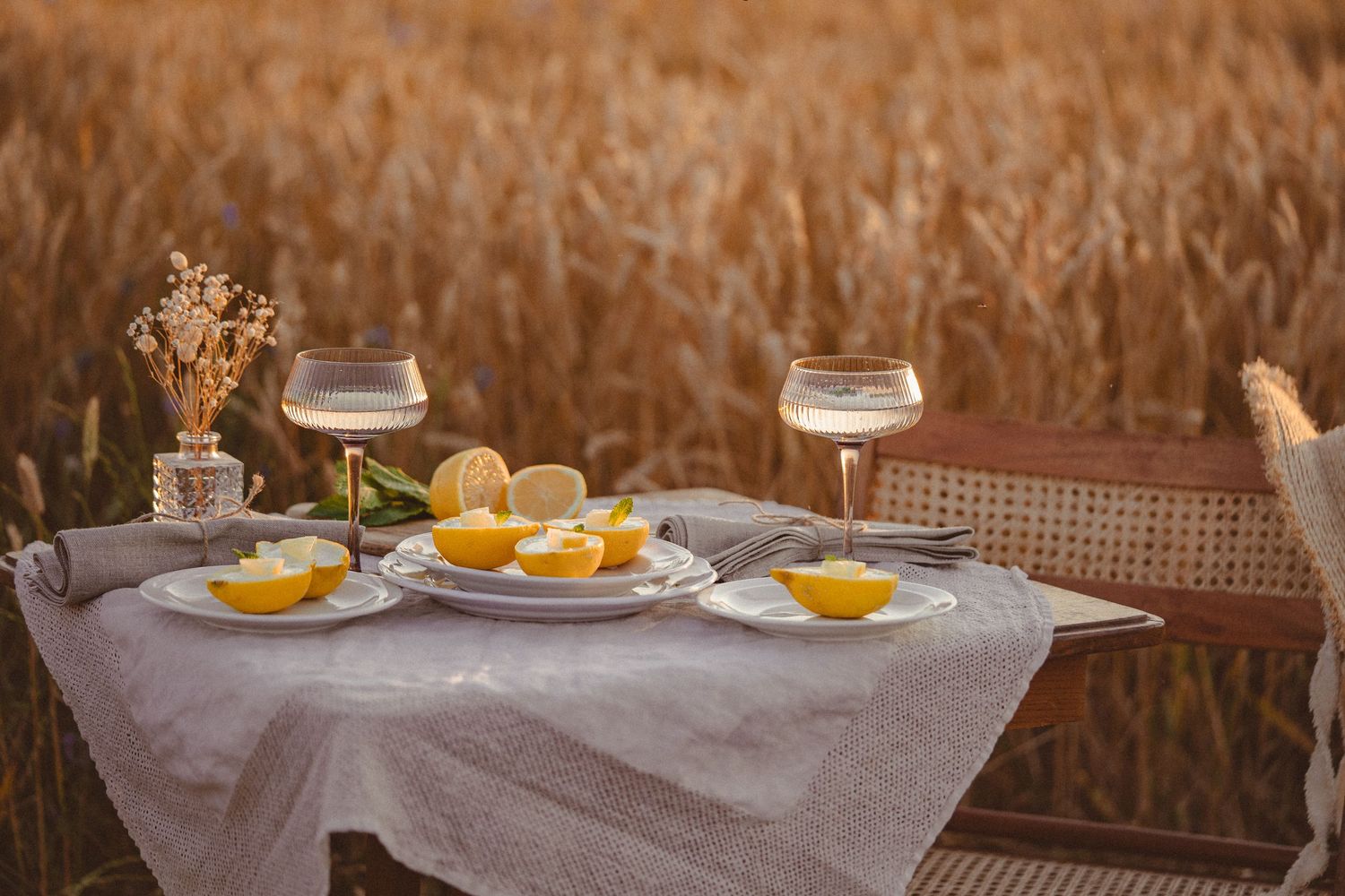 Rustic outdoor table setting with yellow citrus desserts and natural wheat field background.