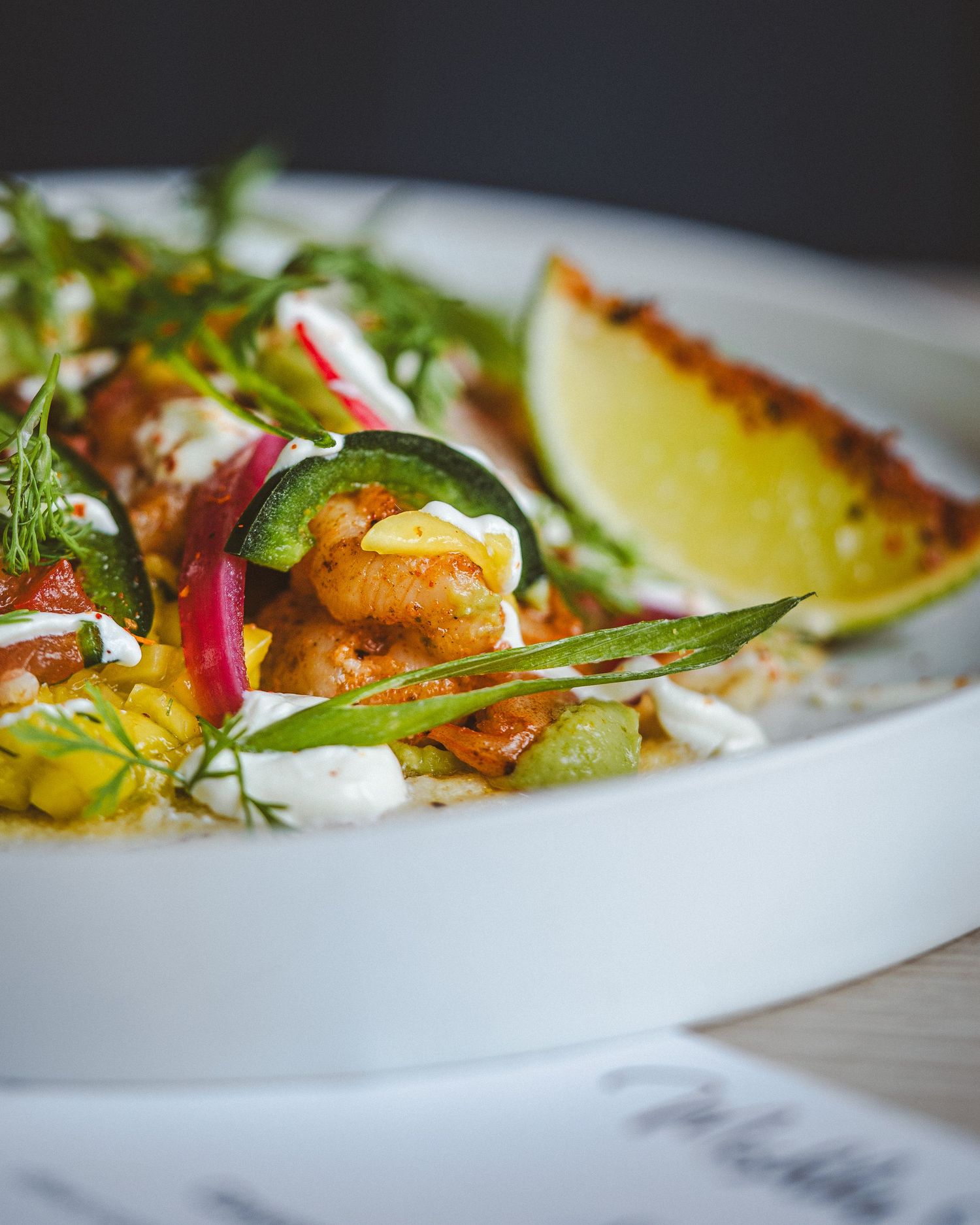 Close-up of a gourmet dish featuring seafood and microgreens on a white plate.