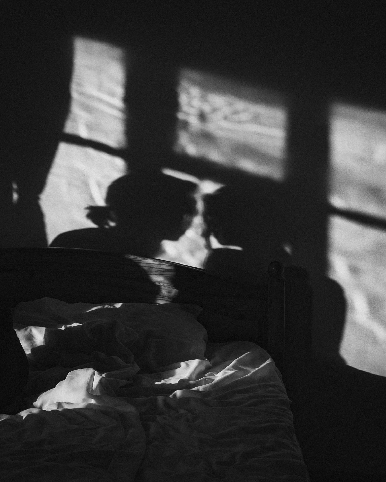 Black and white silhouettes cast dramatic shadows across a wall in moody lighting.