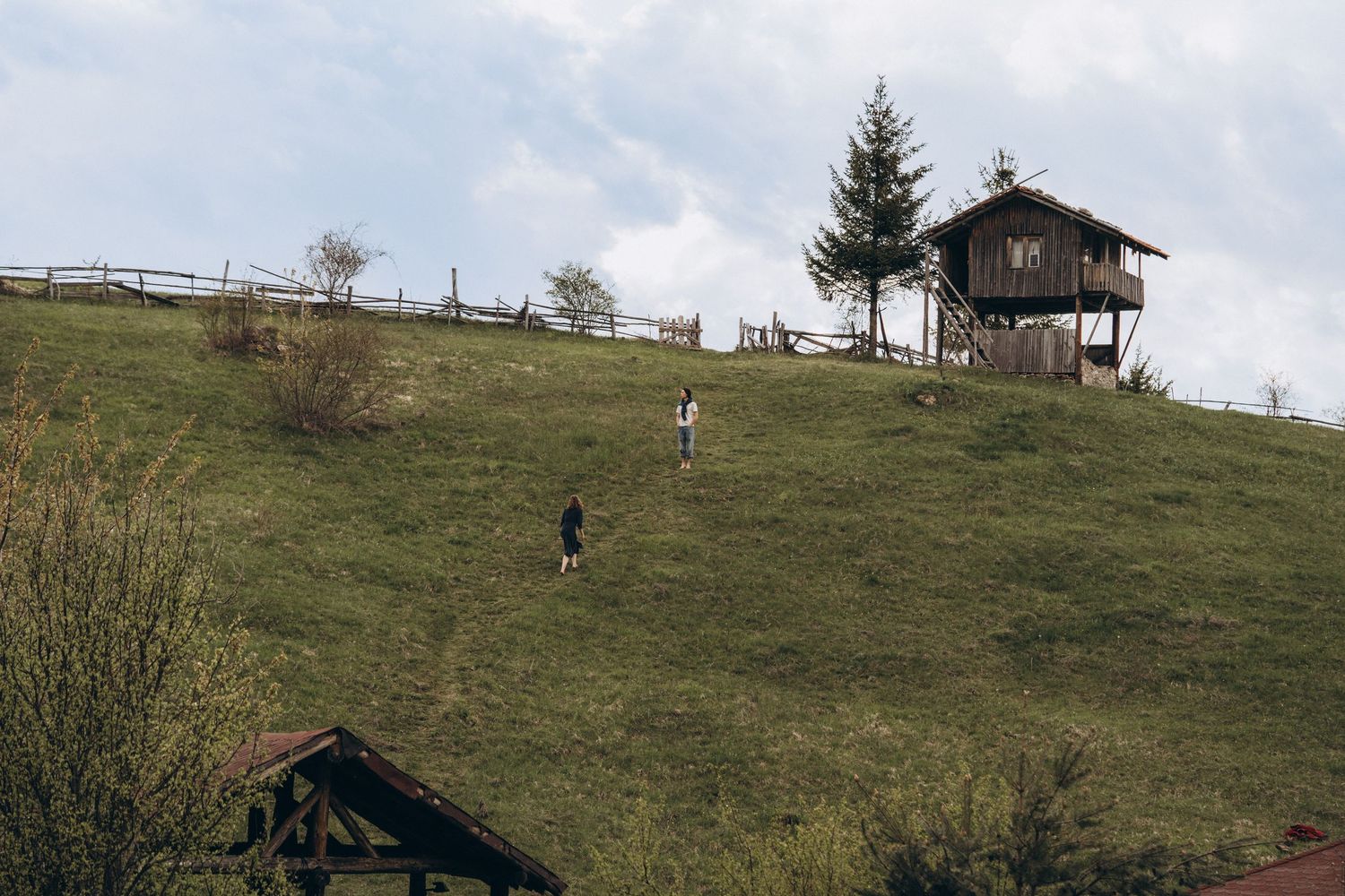 Rolling green hills with wooden structures and paths visible in the distance.