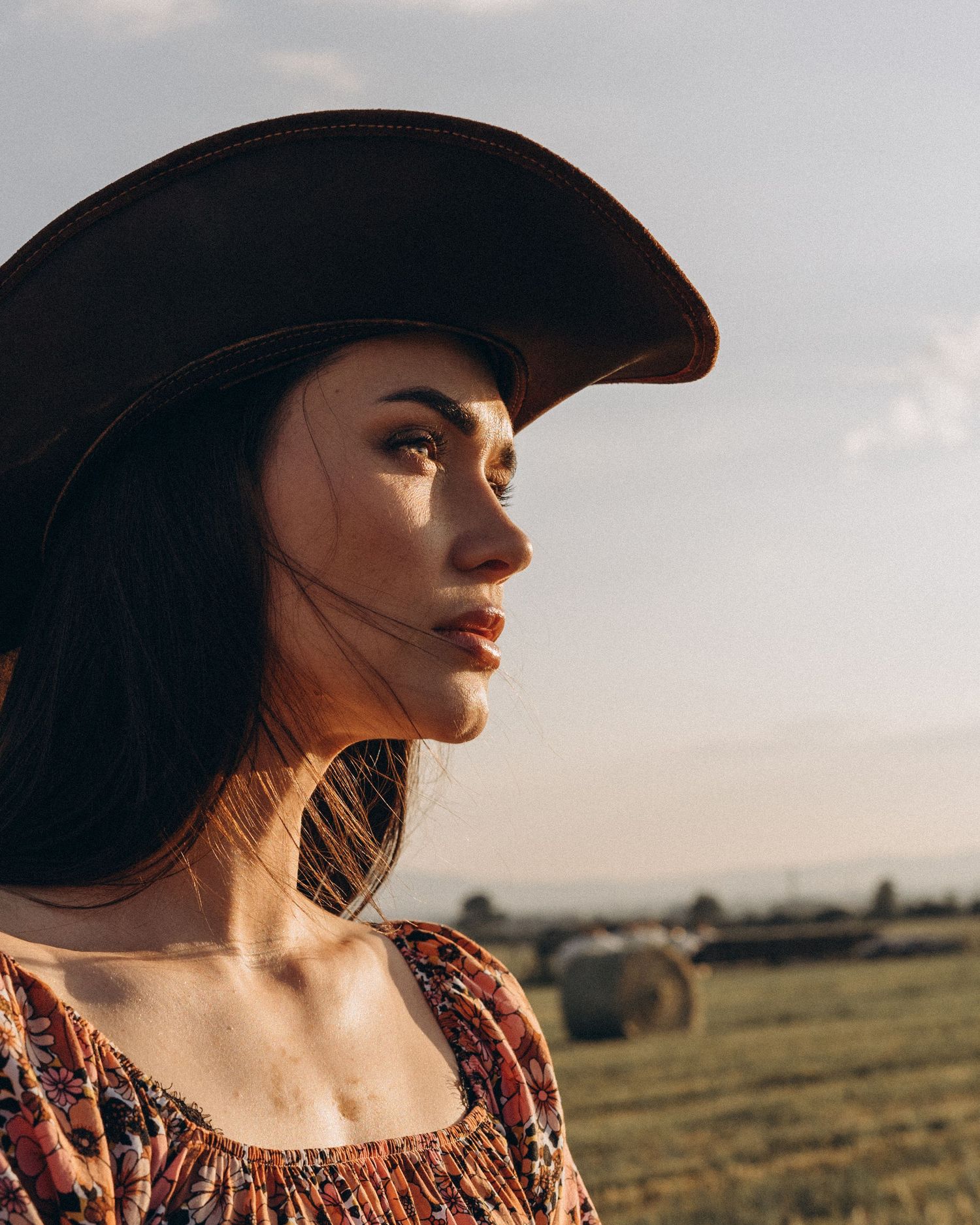 Silhouette wearing a wide-brimmed hat against a sunset sky in a rural setting.
