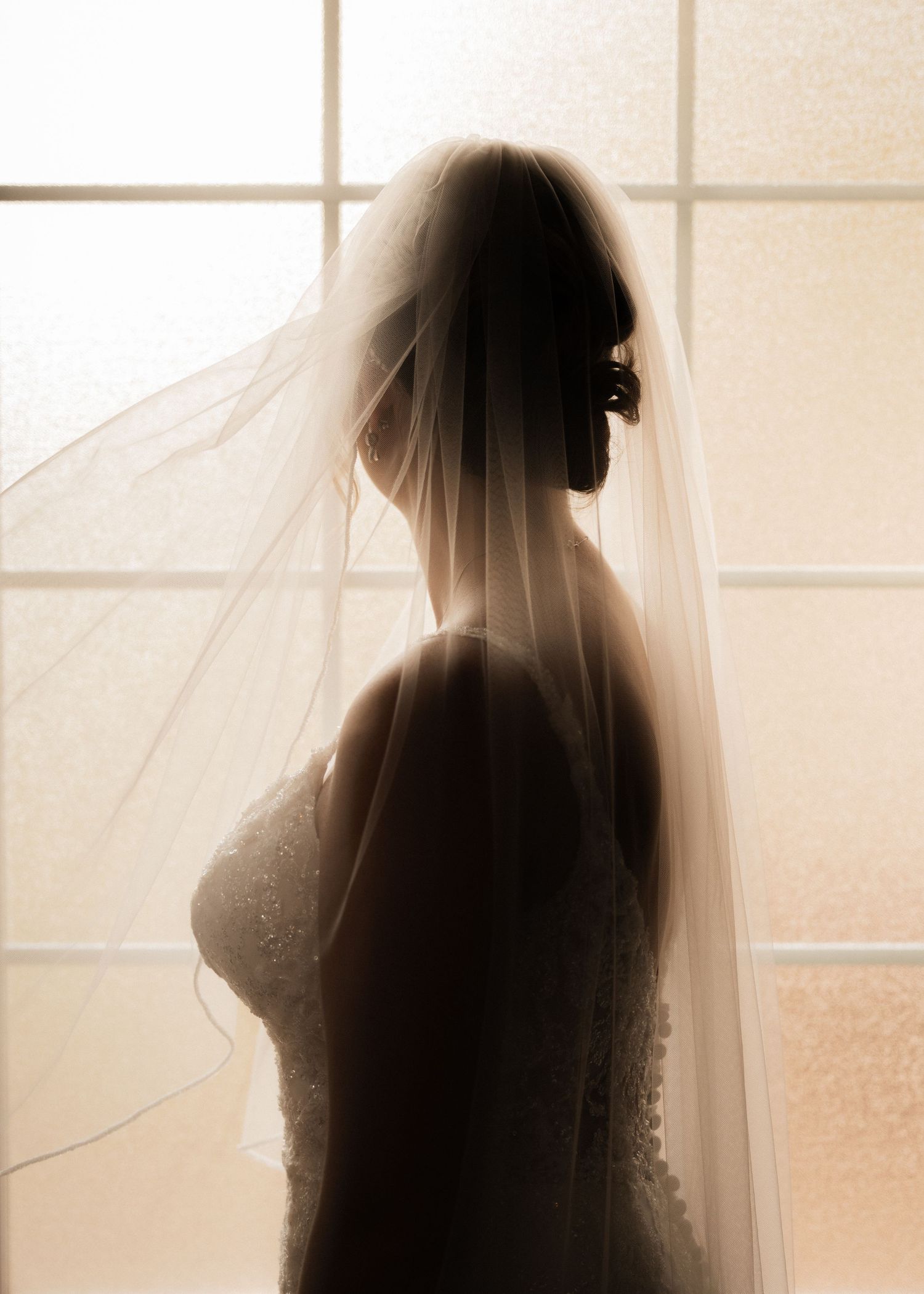 Elegant silhouette of bride in wedding dress and veil backlit by window light.