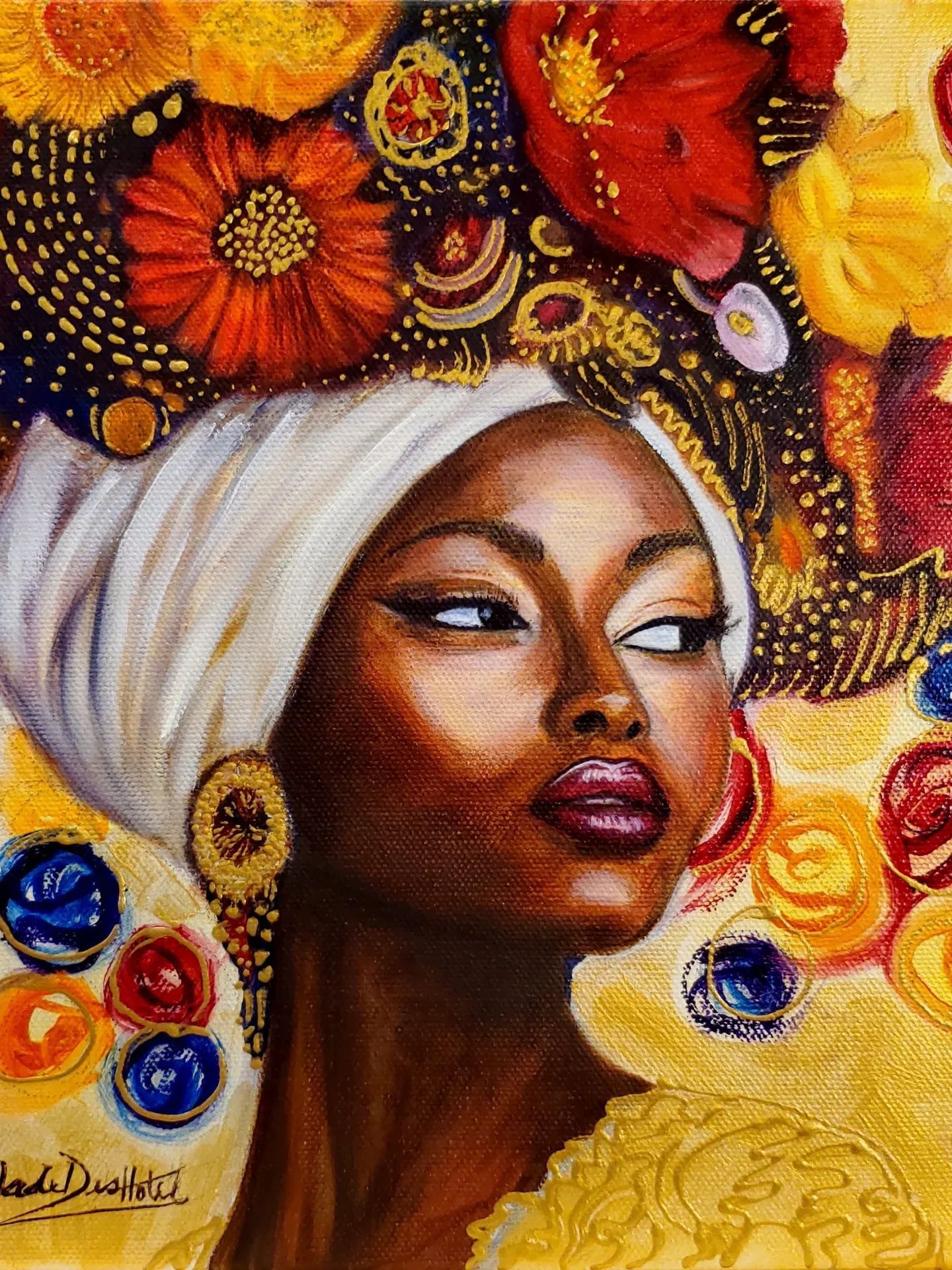 Vibrant oil painting of an African woman wearing a white head wrap adorned with colorful flowers and gold jewelry.