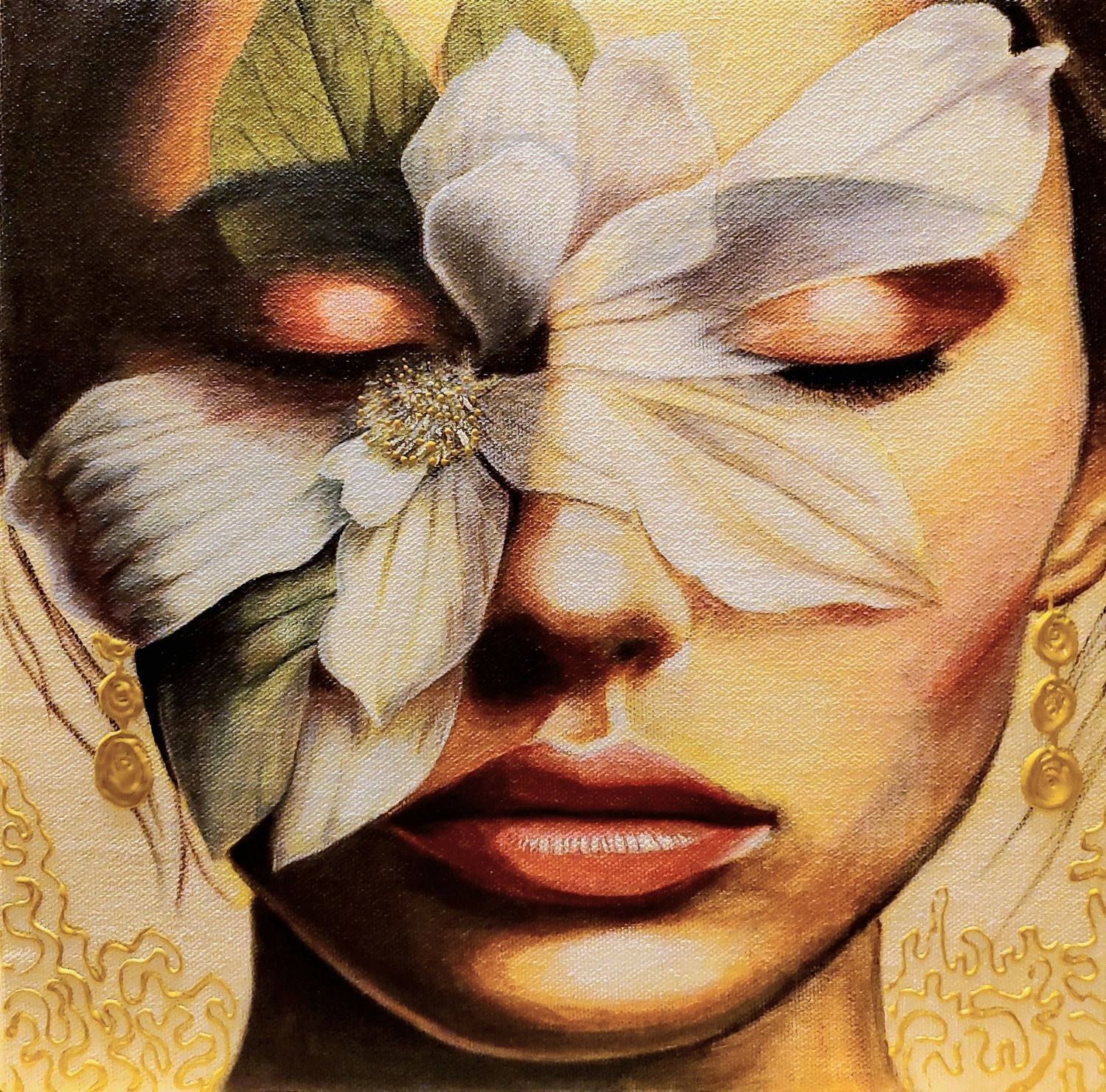A surreal portrait painting of a woman with closed eyes and white flowers covering her face, wearing gold earrings.