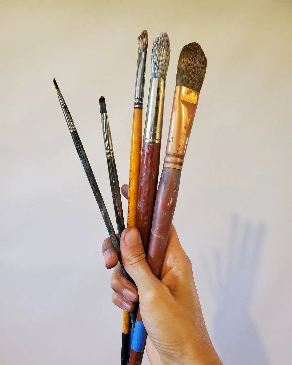 Hand holding five assorted used artist paintbrushes against a white background.