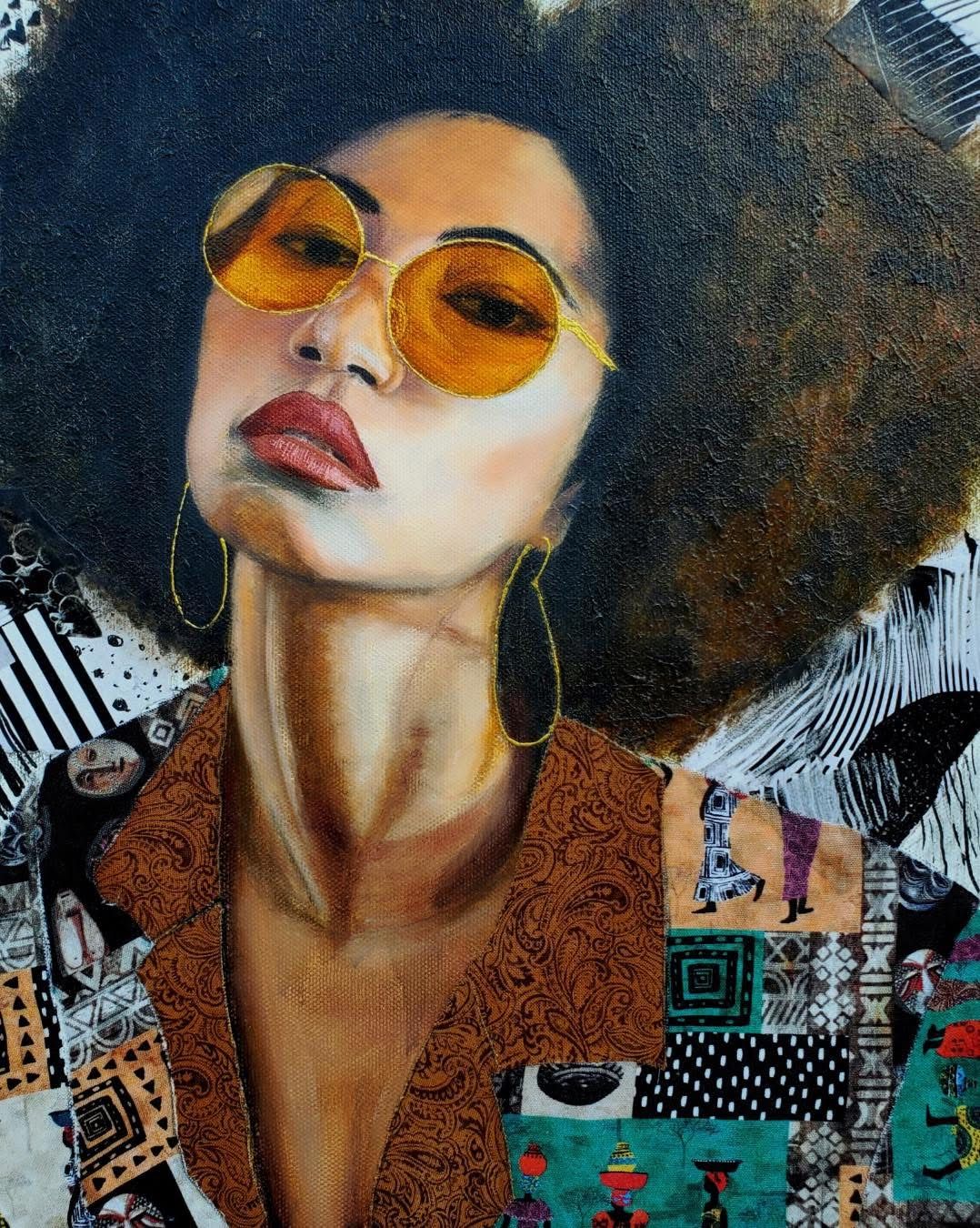 Bold portrait painting of a woman with an afro, yellow sunglasses, and gold earrings against a patterned background.