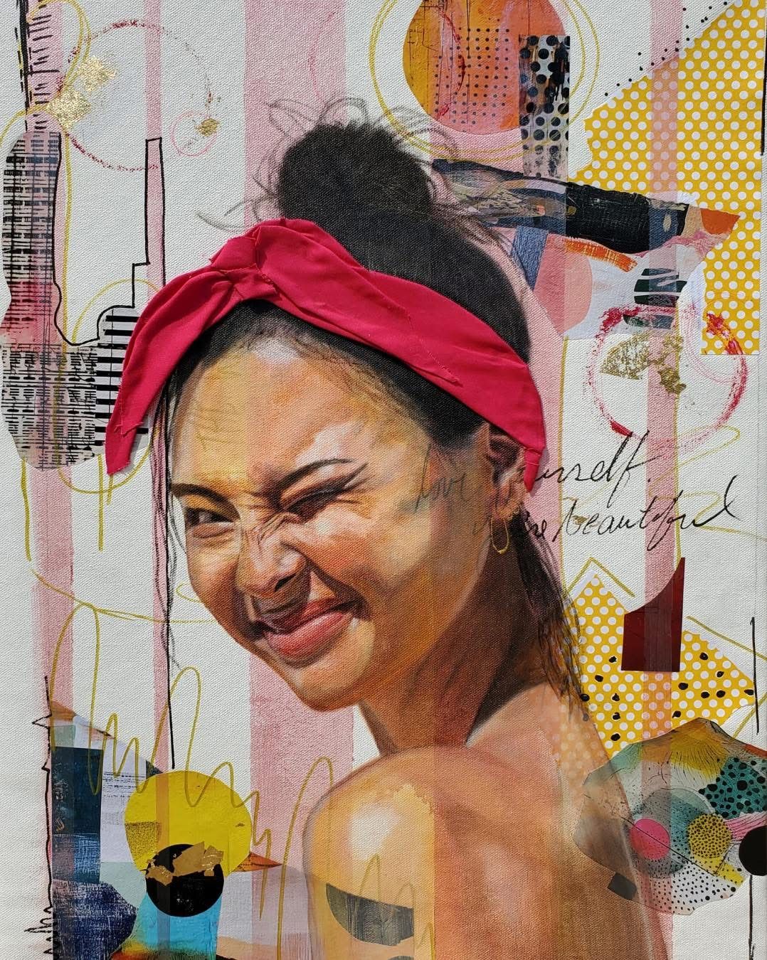 Mixed media portrait painting of a smiling woman with red headband on a colorful collage background.