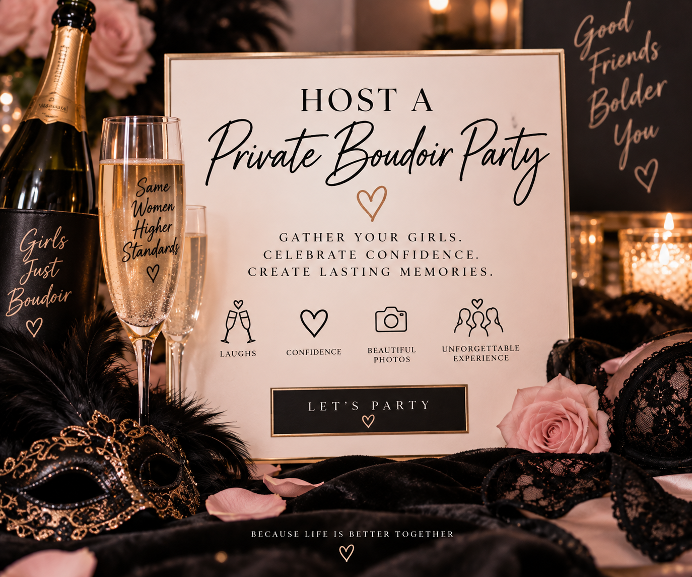 Elegant boudoir party sign with champagne glasses, roses, and masquerade mask promoting private girls celebration event.