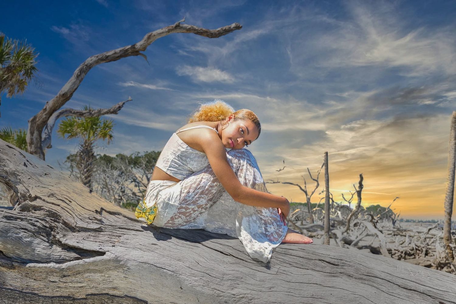 Athletic figure rests on a weathered tree branch against a dramatic sunset sky at Driftwood Beach, Jekyll Island.