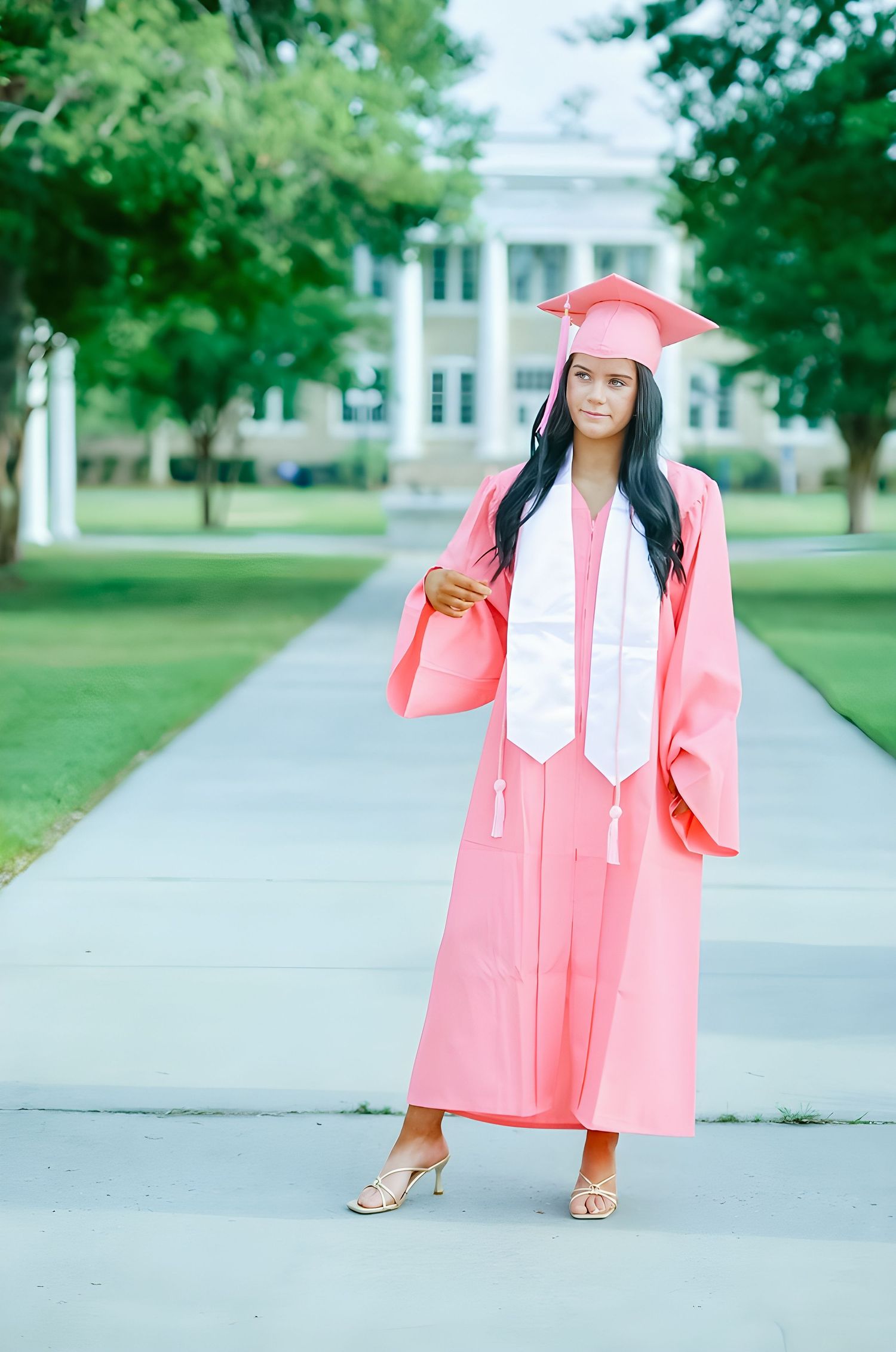 Graduate in coral pink cap and gown poses outdoors on a university campus walkway during commencement season.
