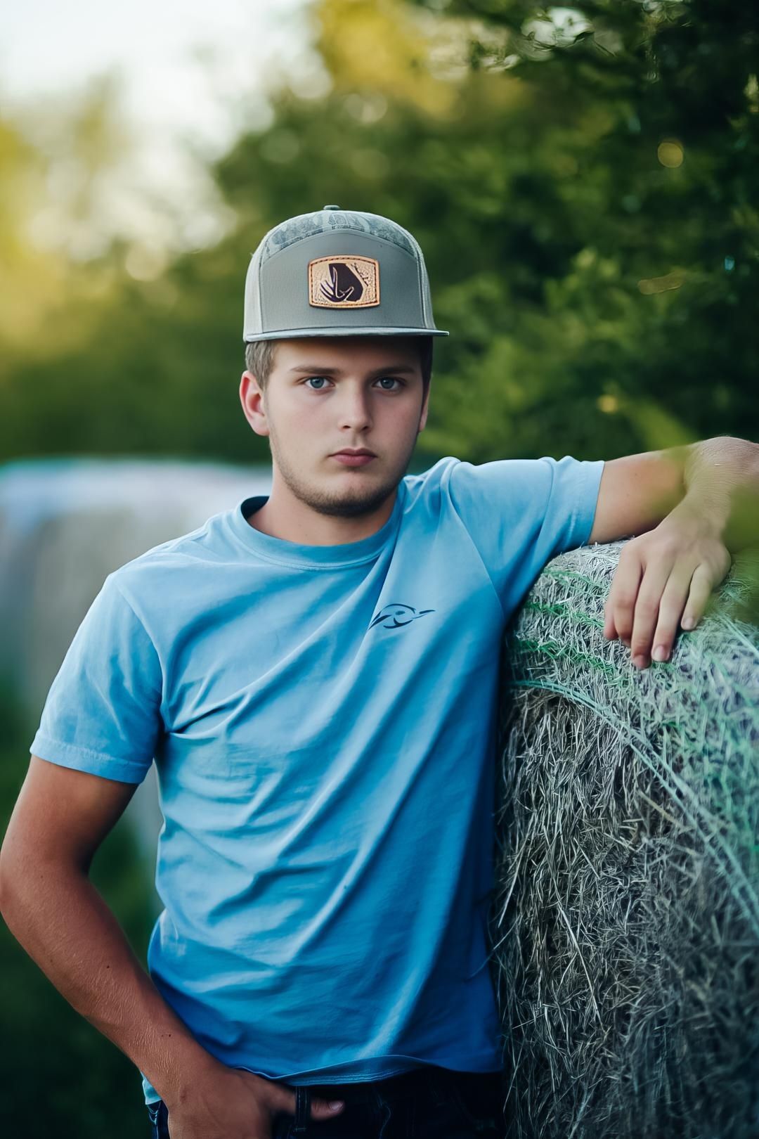 A young person in a light blue t-shirt and baseball cap leans against a hay bale in an outdoor setting.