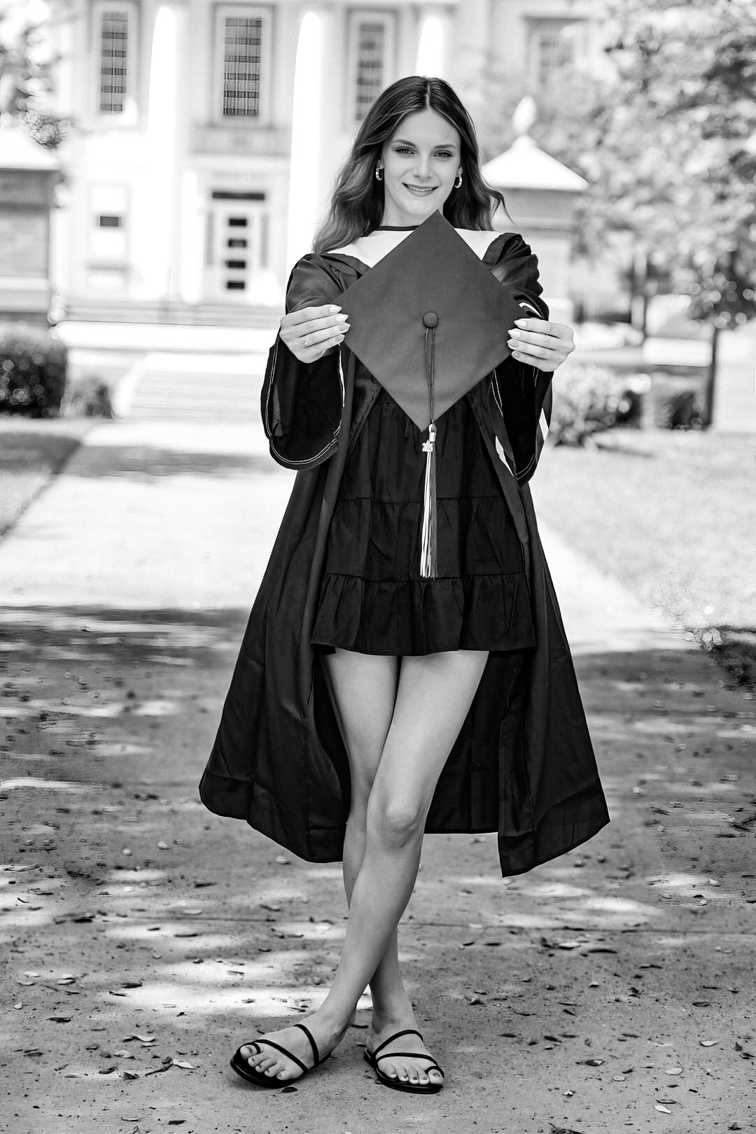 A series of black and white graduation photos showing feet and graduation gown details on a path with fallen leaves.
