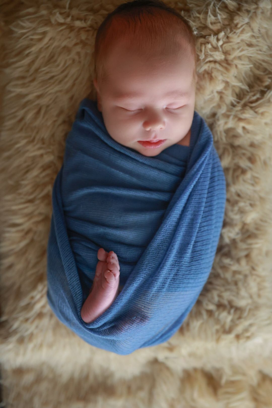 A newborn wrapped in a soft blue swaddle blanket resting on fluffy cream-colored fur.