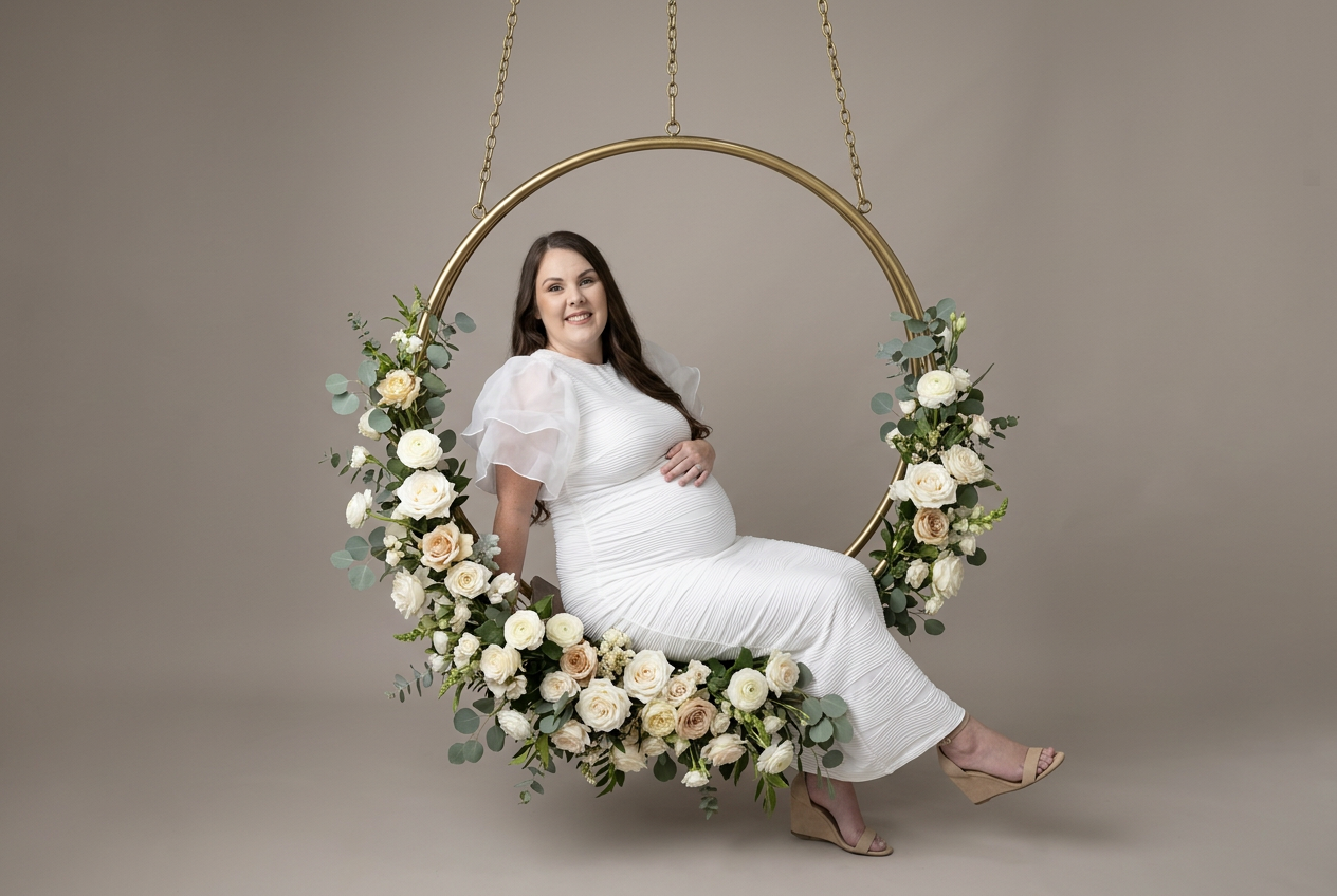 Pregnant woman in white dress sitting on floral hoop swing for maternity photo session.