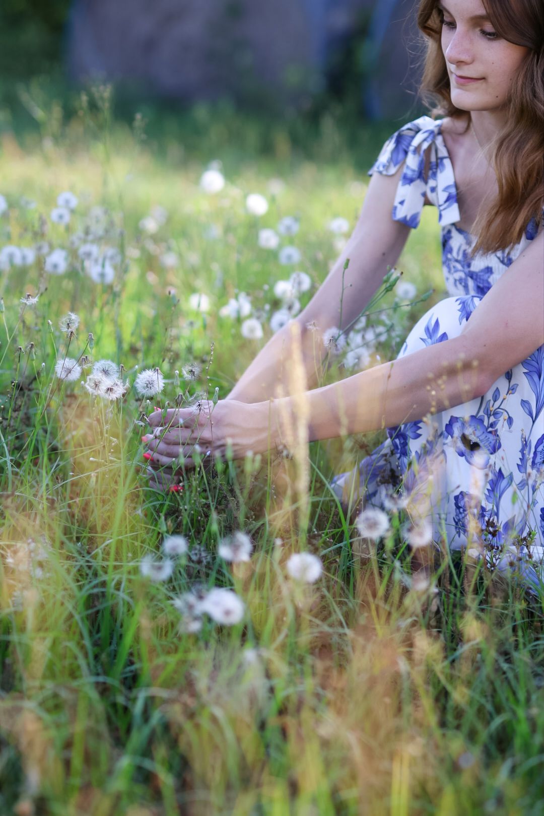 Young woman in floral dress picking dandelions in a sunlit meadow field.