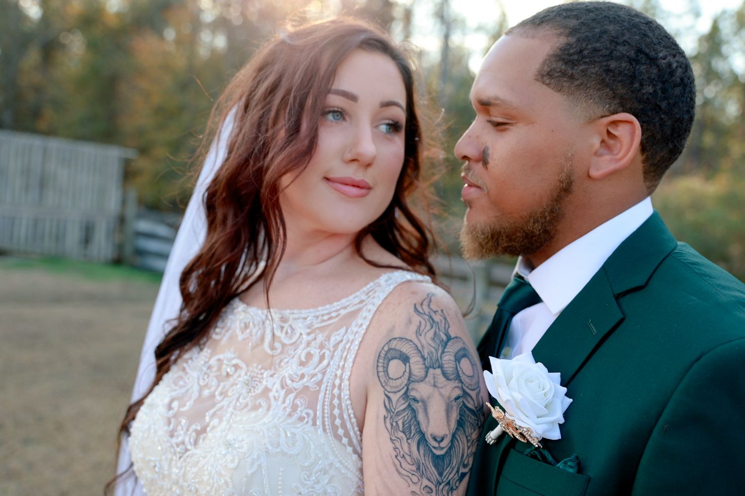 A romantic wedding photo series showing tender moments between a couple in a garden setting during golden hour.
