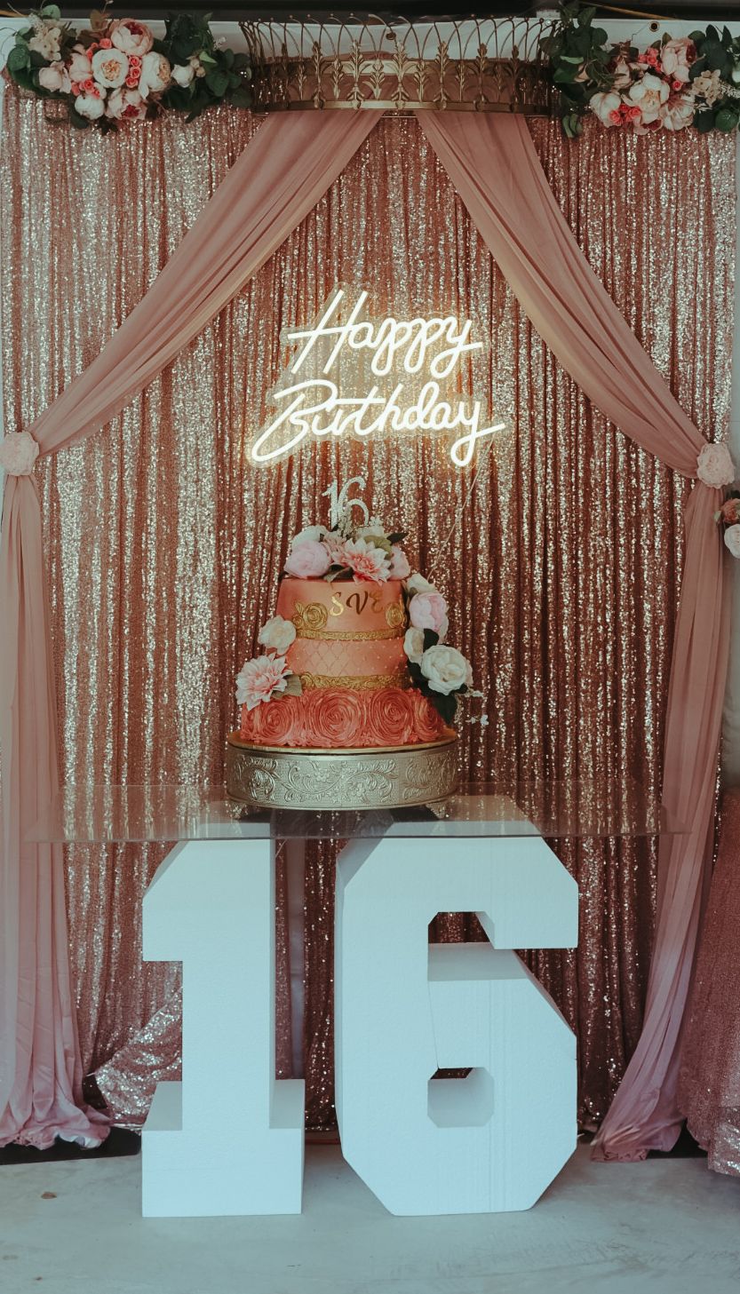 Rose gold sequin backdrop with pink drapes, Happy Birthday neon sign, floral 3-tier cake, and white number 16 display for sweet sixteen.