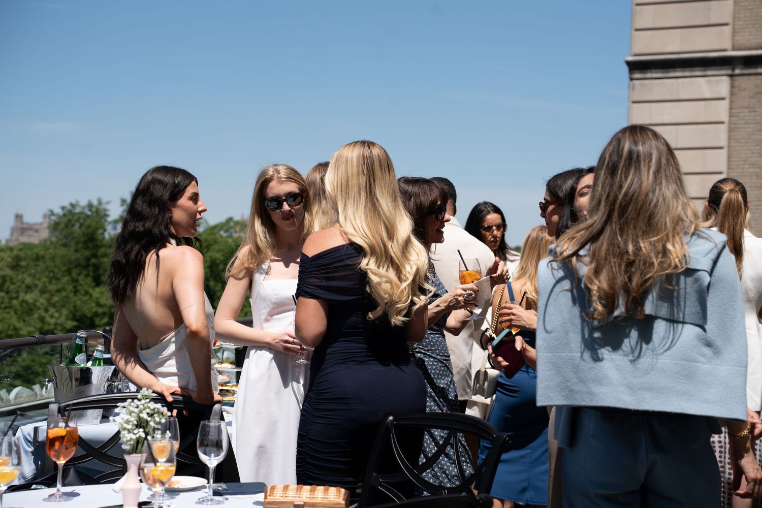 Group of stylish women socializing at outdoor rooftop cocktail party overlooking Central Park NYC.