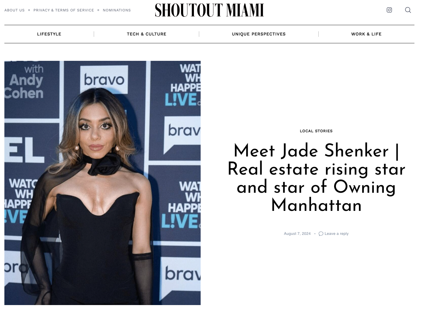 Jade Shenker real estate agent and Owning Manhattan star featured in Shoutout Miami magazine.