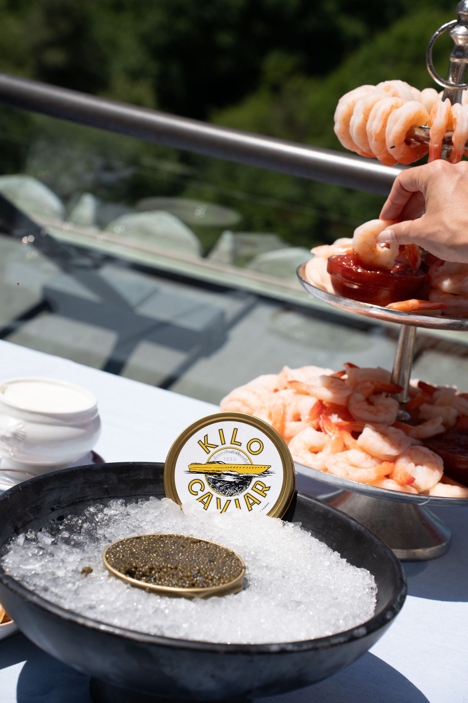 Kilo Caviar tin on crushed ice beside tiered shrimp cocktail display at upscale outdoor rooftop event.