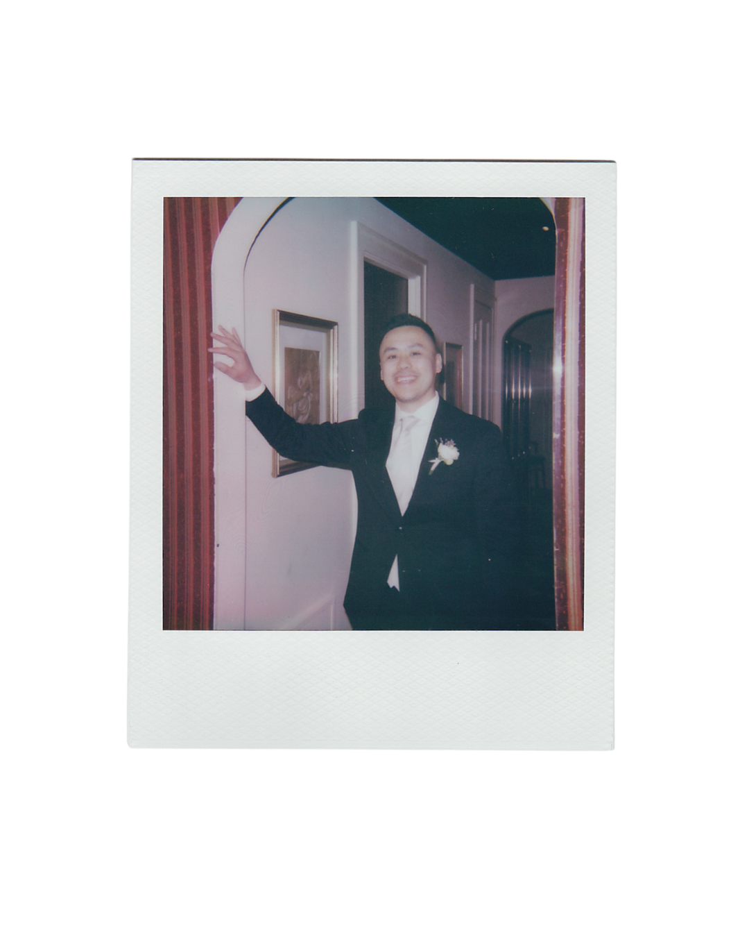 A series of four vintage-style polaroid photographs arranged in a row showing people in casual settings.