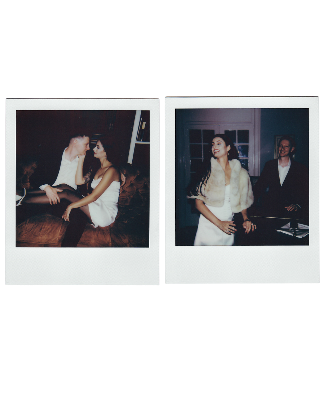 Two Polaroid-style photos of a couple at an evening party, one cuddling on a sofa, the other showing a woman in a white dress and fur stole.