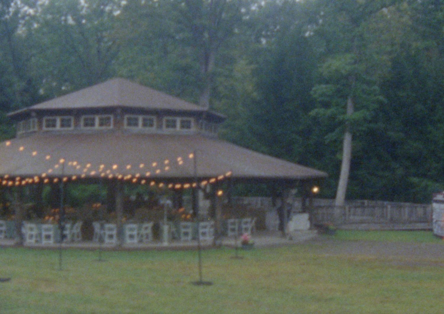 String lights illuminate a rustic wooden pavilion structure nestled among trees at dusk.