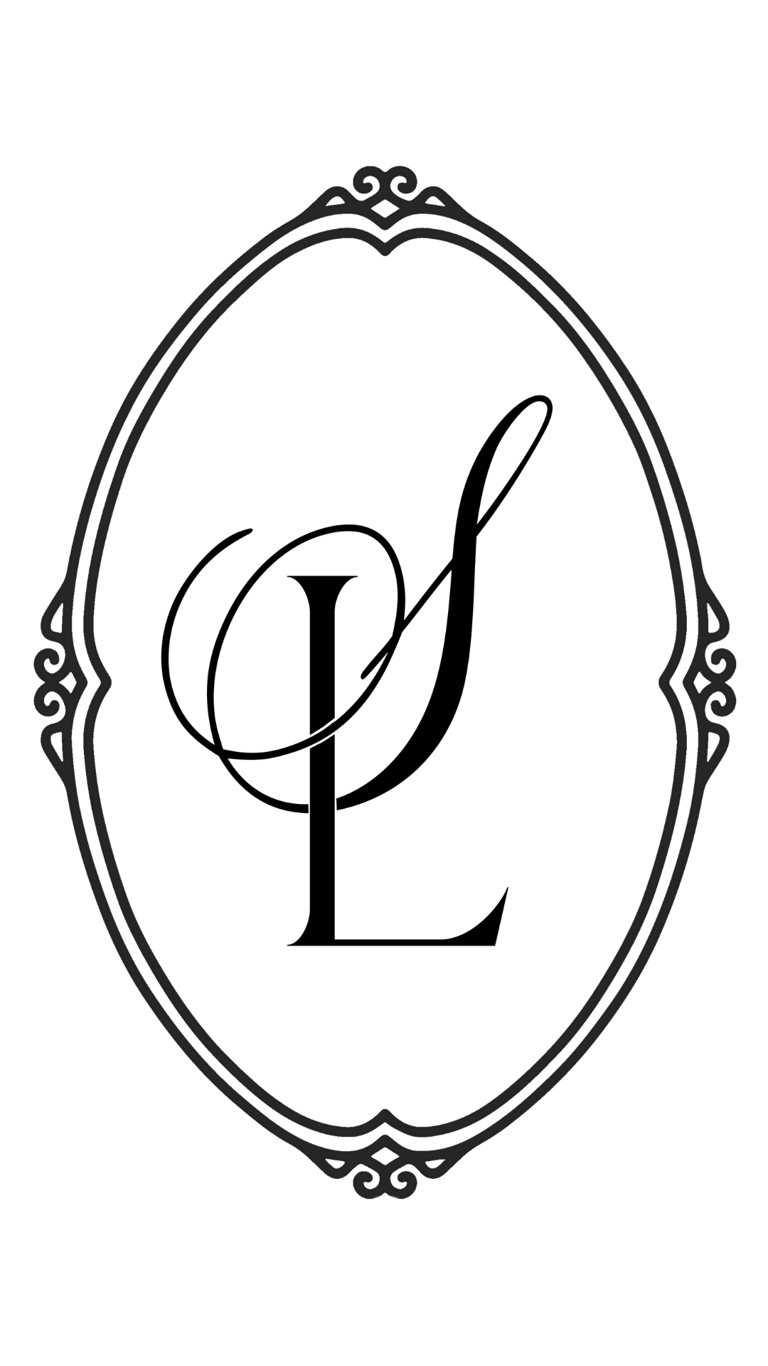 Ornate vintage oval frame design with decorative flourishes on black background.